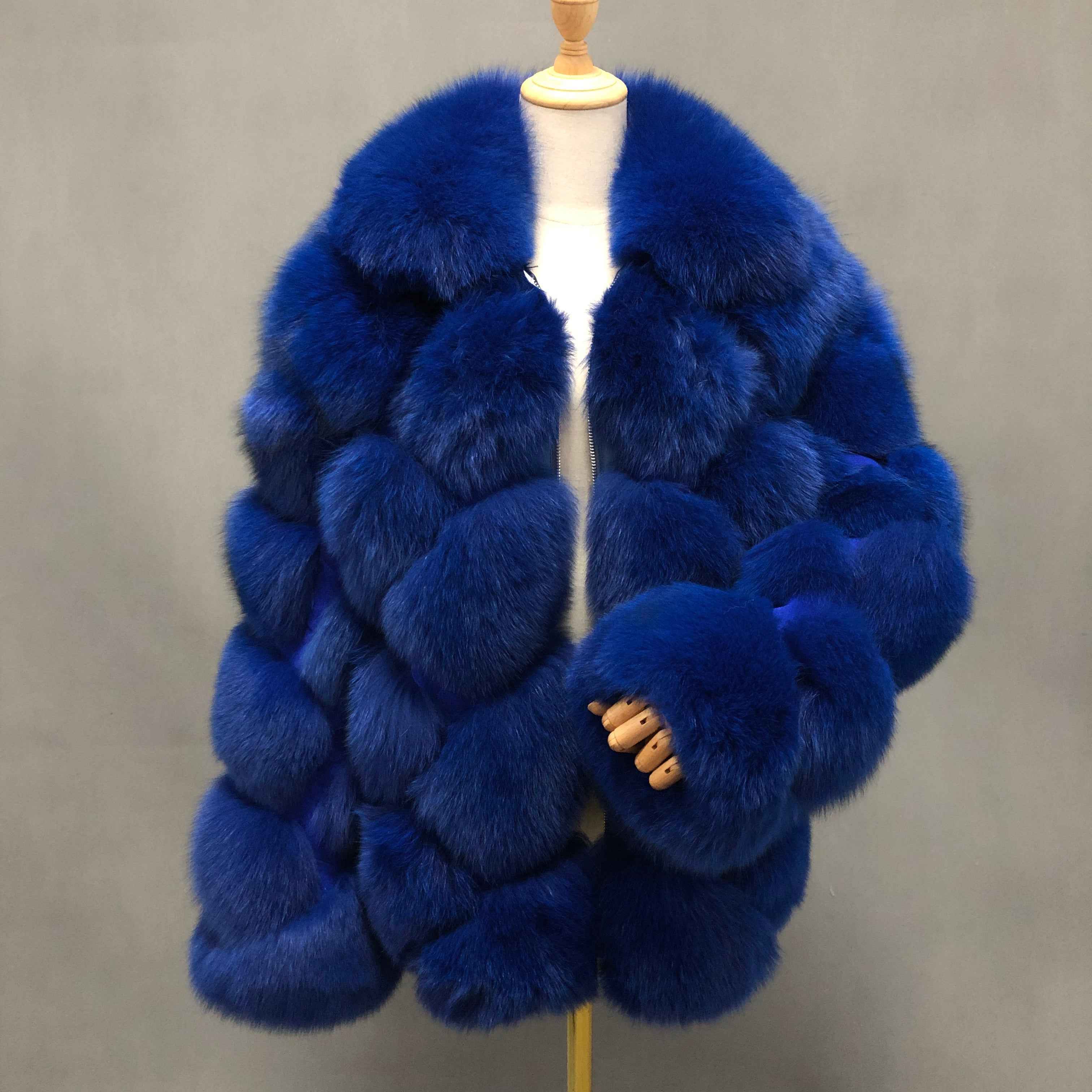 Women's Luxury Fox Fur Coat with Diamond Pattern - Winter Warm Fashion Fur Jacket Blue