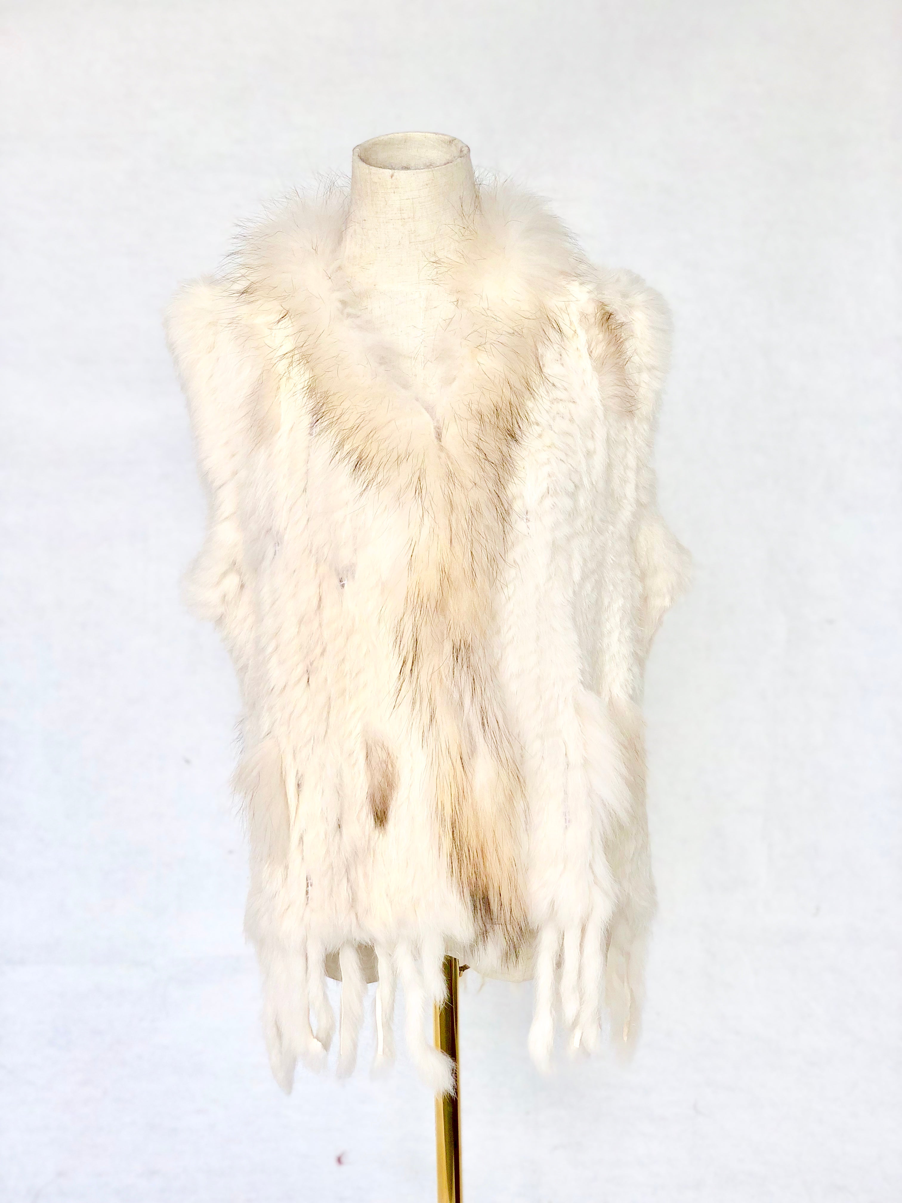 Women's Fuchsia Knitted Rabbit & Fox Fur Vest with Ragged Tramp Style & Fringe Details - Luxe Statement Outerwear