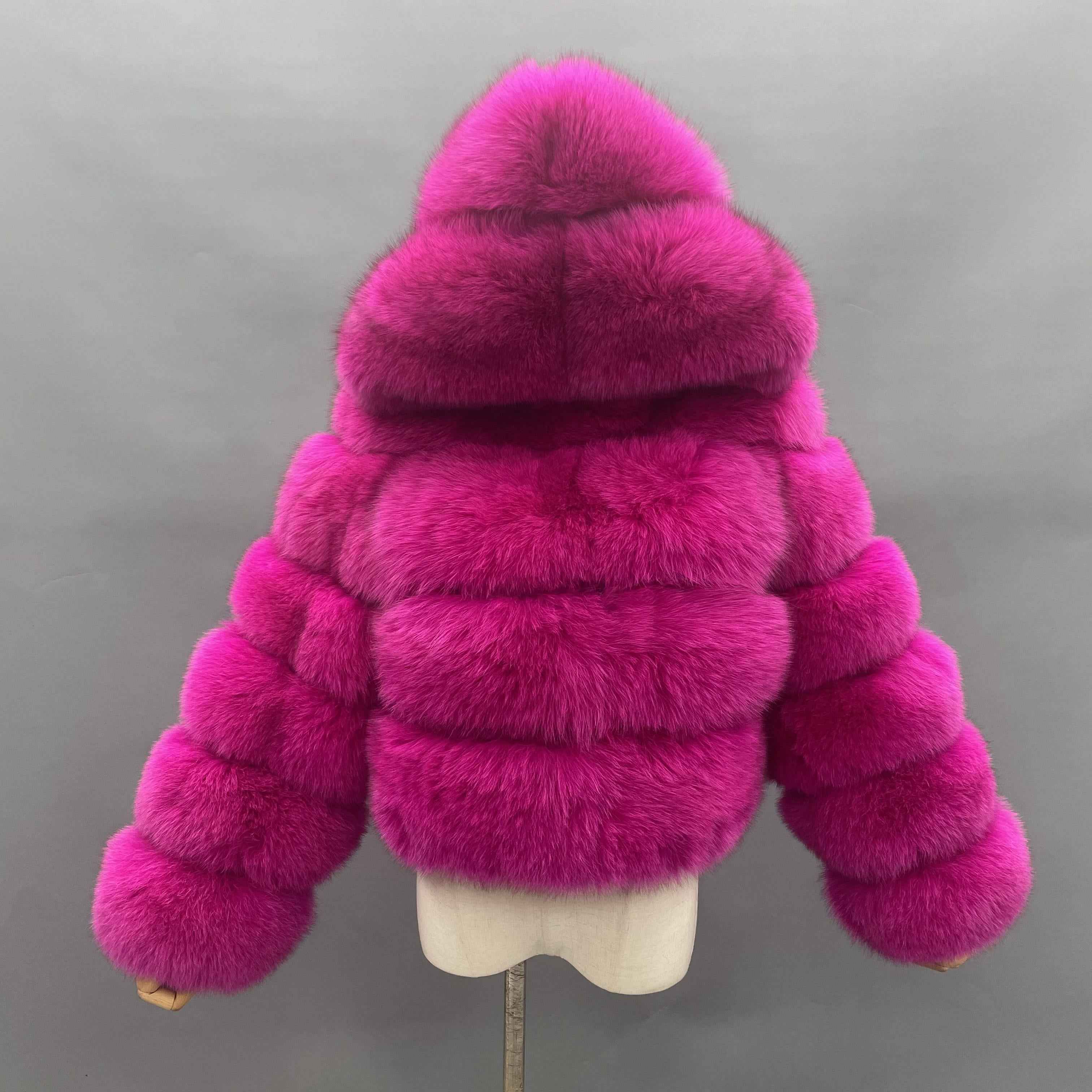 Women's Premium Fox Fur Hooded Short Coat - Layered Design Winter Fashion Warm Jacket Hot Pink