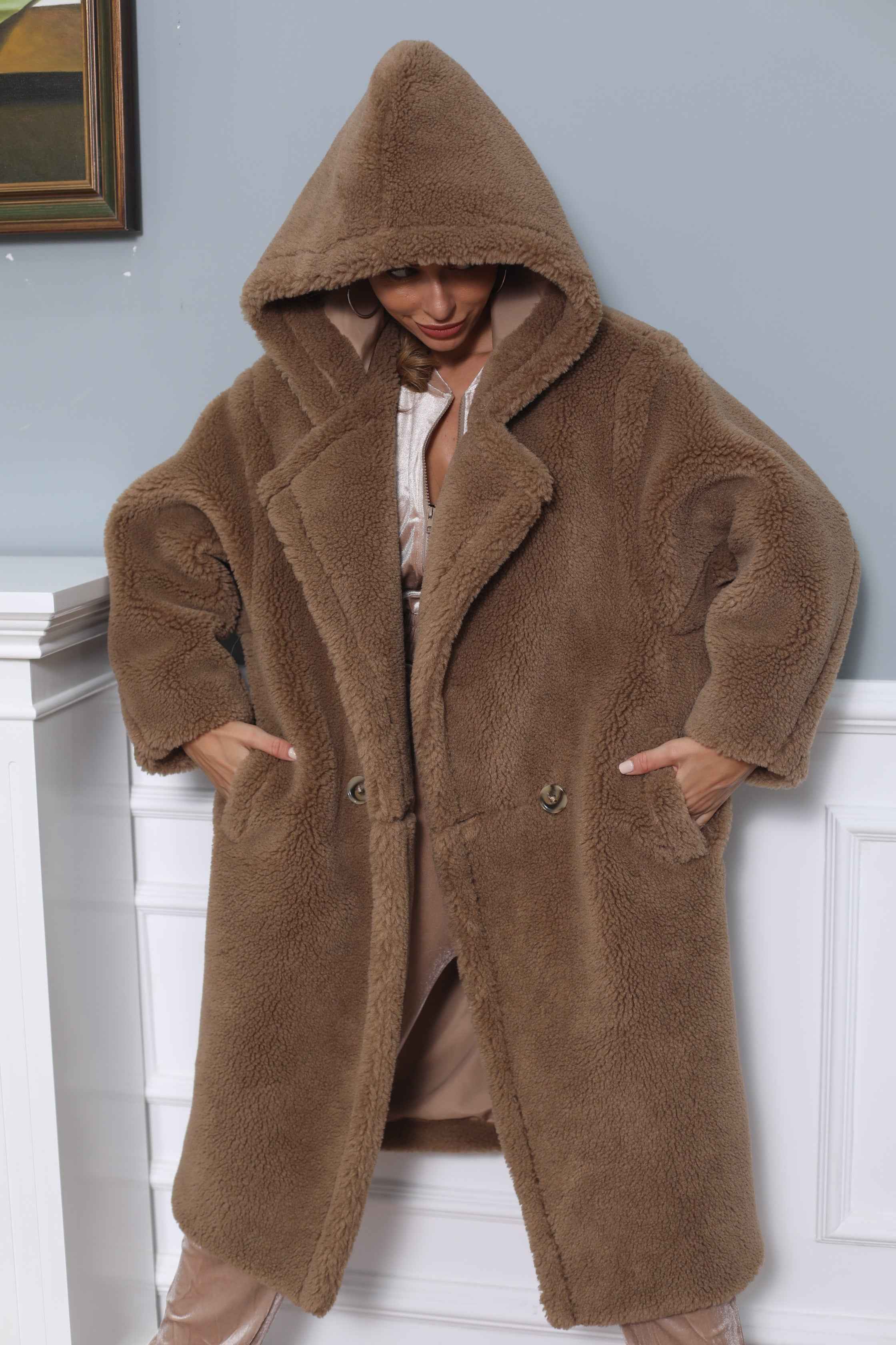 Women's Tan Hooded Teddy Fleece Long Coat with Double-Breasted Notched Lapel - Warm Winter Outerwear