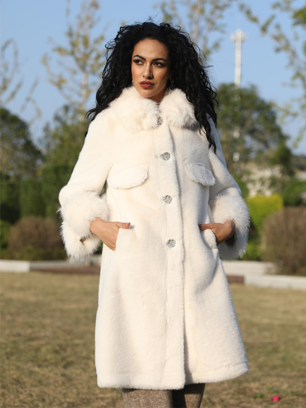 Eco-Friendly Mink Fur Faux Mink Fur Women's Jacket with Square Collar and Rhinestone Buttons