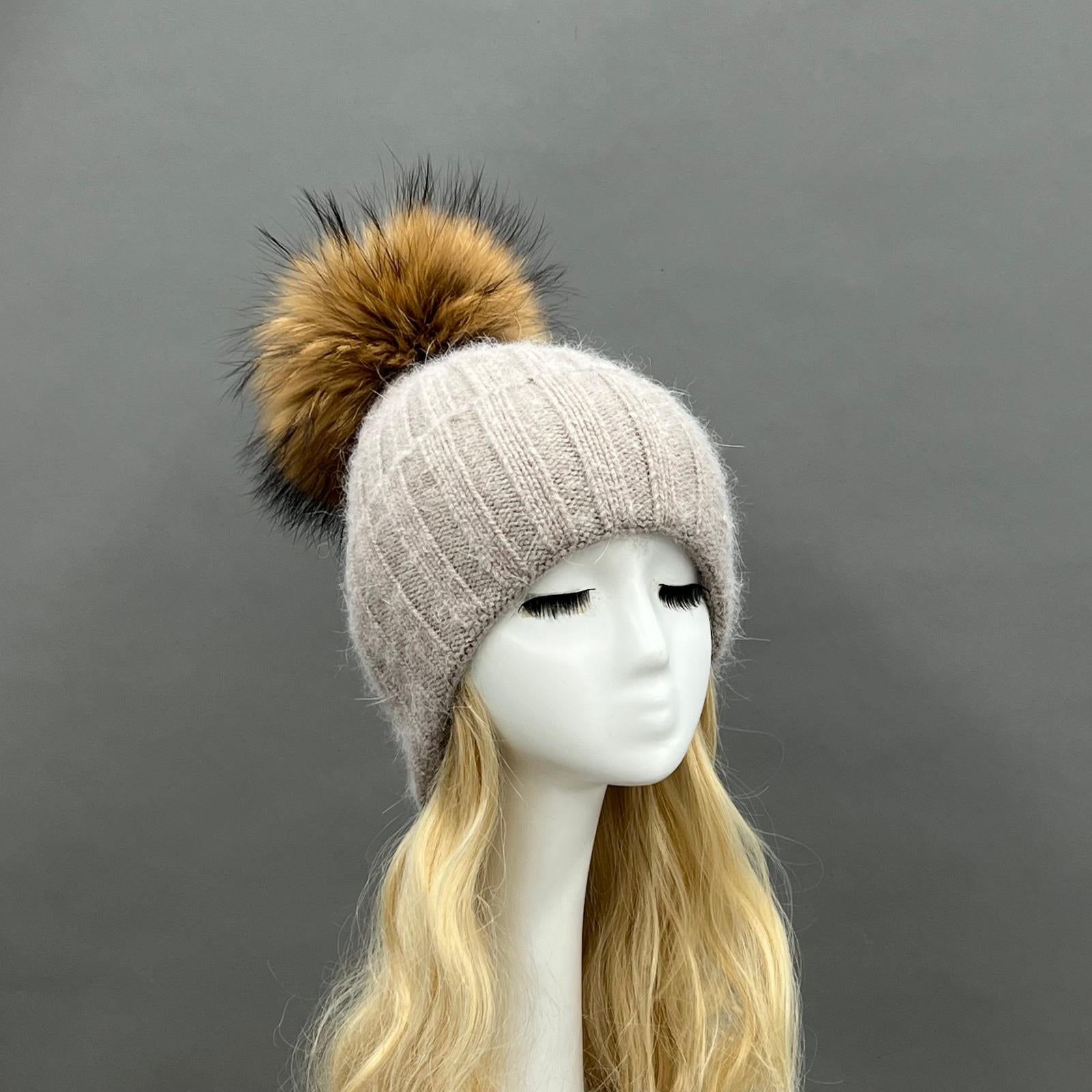 Thick Striped Angora Wool Pom Pom Winter Hat 4