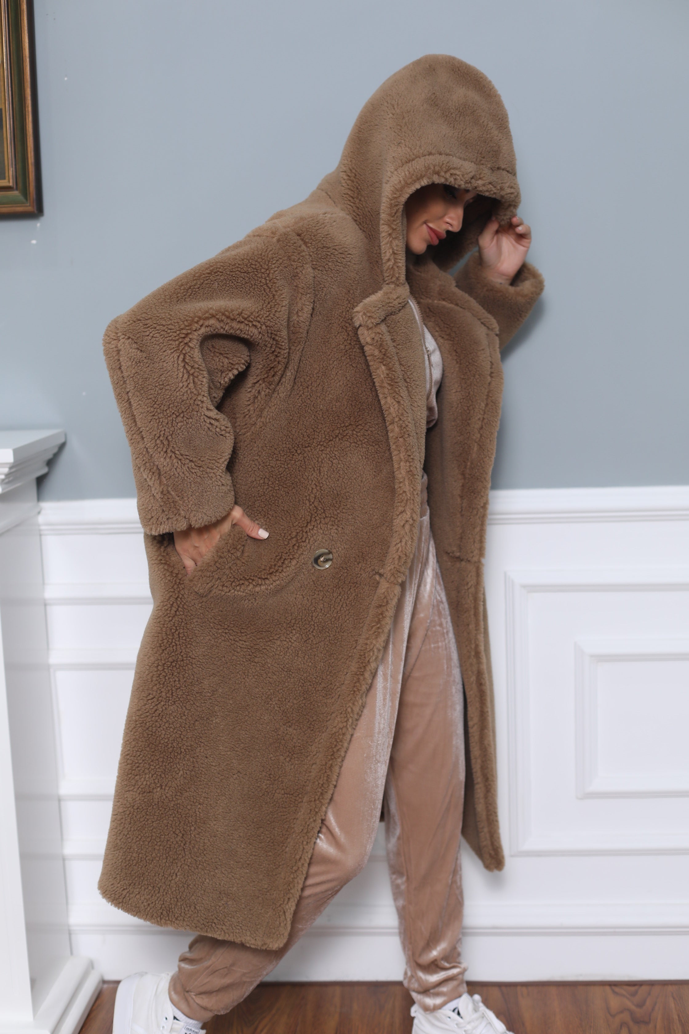 Women's Tan Hooded Teddy Fleece Long Coat with Double-Breasted Notched Lapel - Warm Winter Outerwear