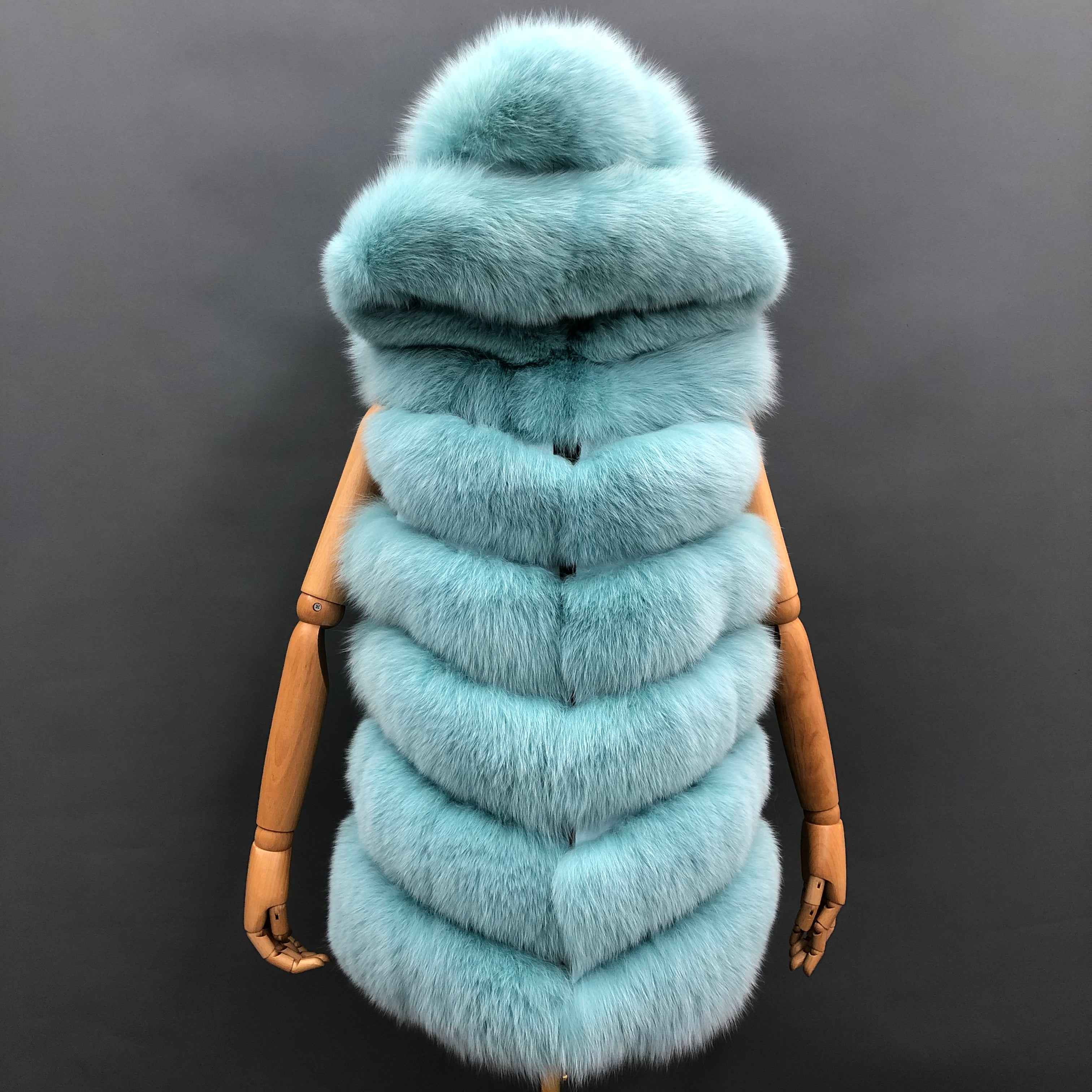 Women's 6-Panel Hooded Fox Fur Vest - Classic Versatile Winter Essential Outerwear Aqua