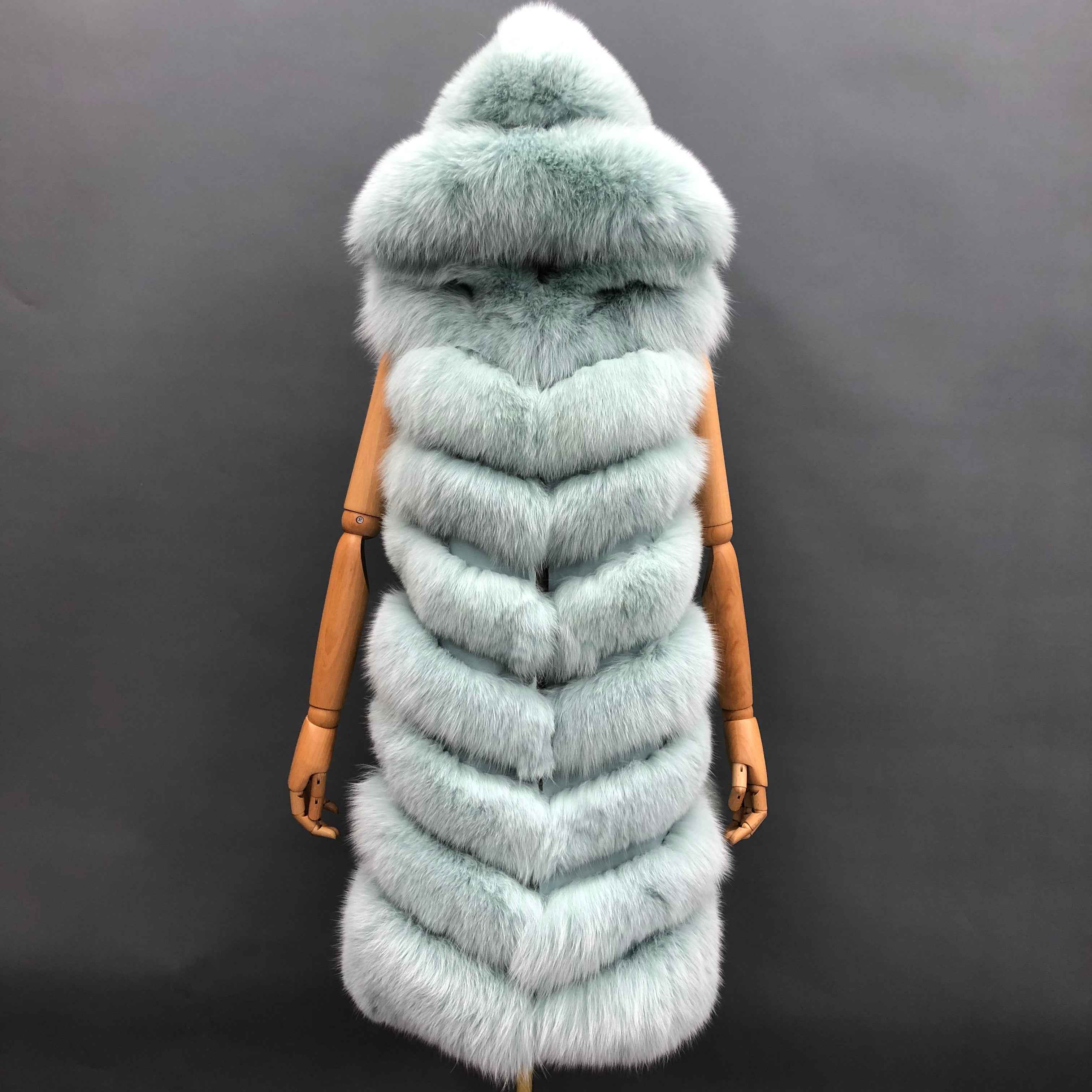Women's 8-Panel Hooded Fox Fur Long Vest - Luxurious Outerwear Aqua