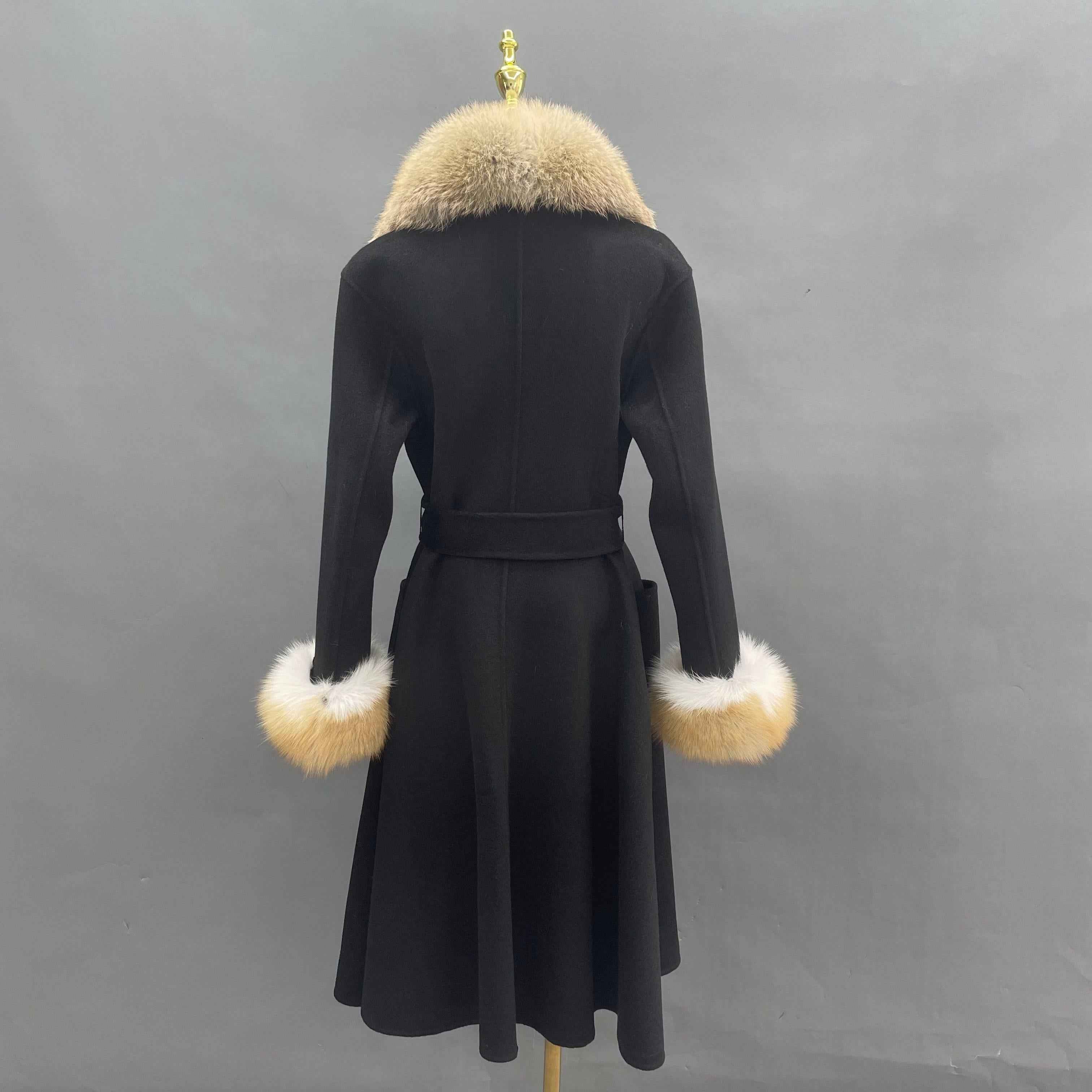 Women's Luxury Double - Faced Wool Coat with Fox Fur Collar, Flared Skirt & Straight Pockets, Elegant Winter Outerwear