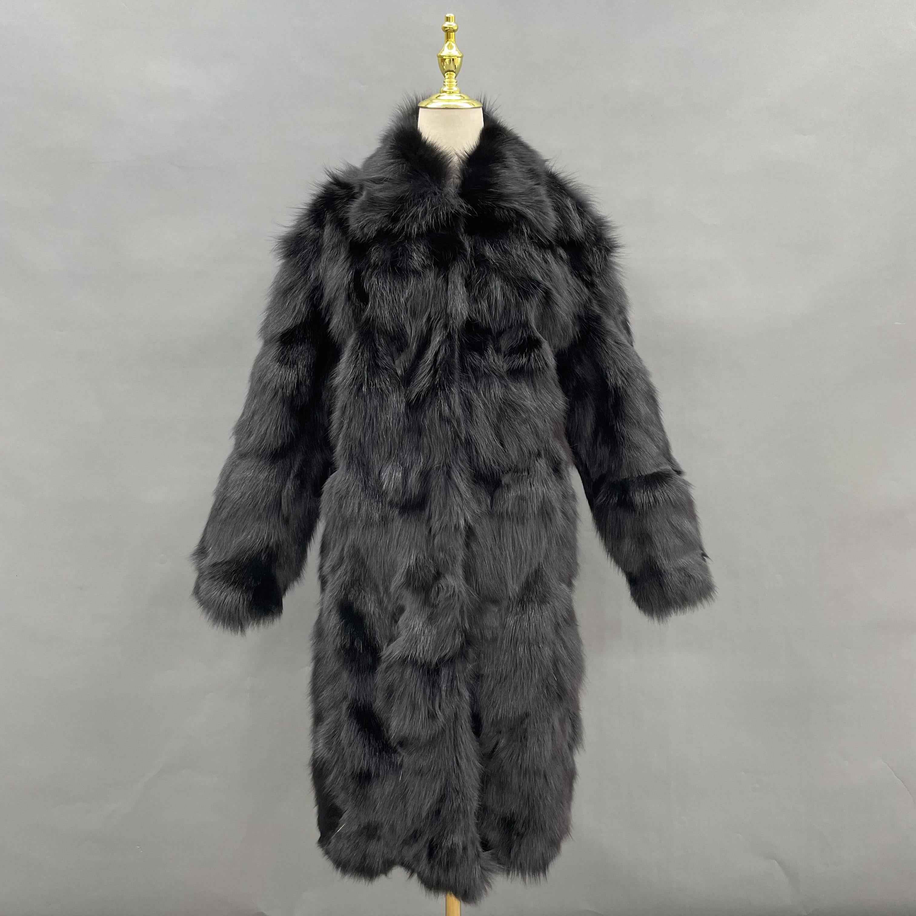Oversized Fox Fur Long Coat with Fluffy Layers - Women's Winter Maxi Coat Black