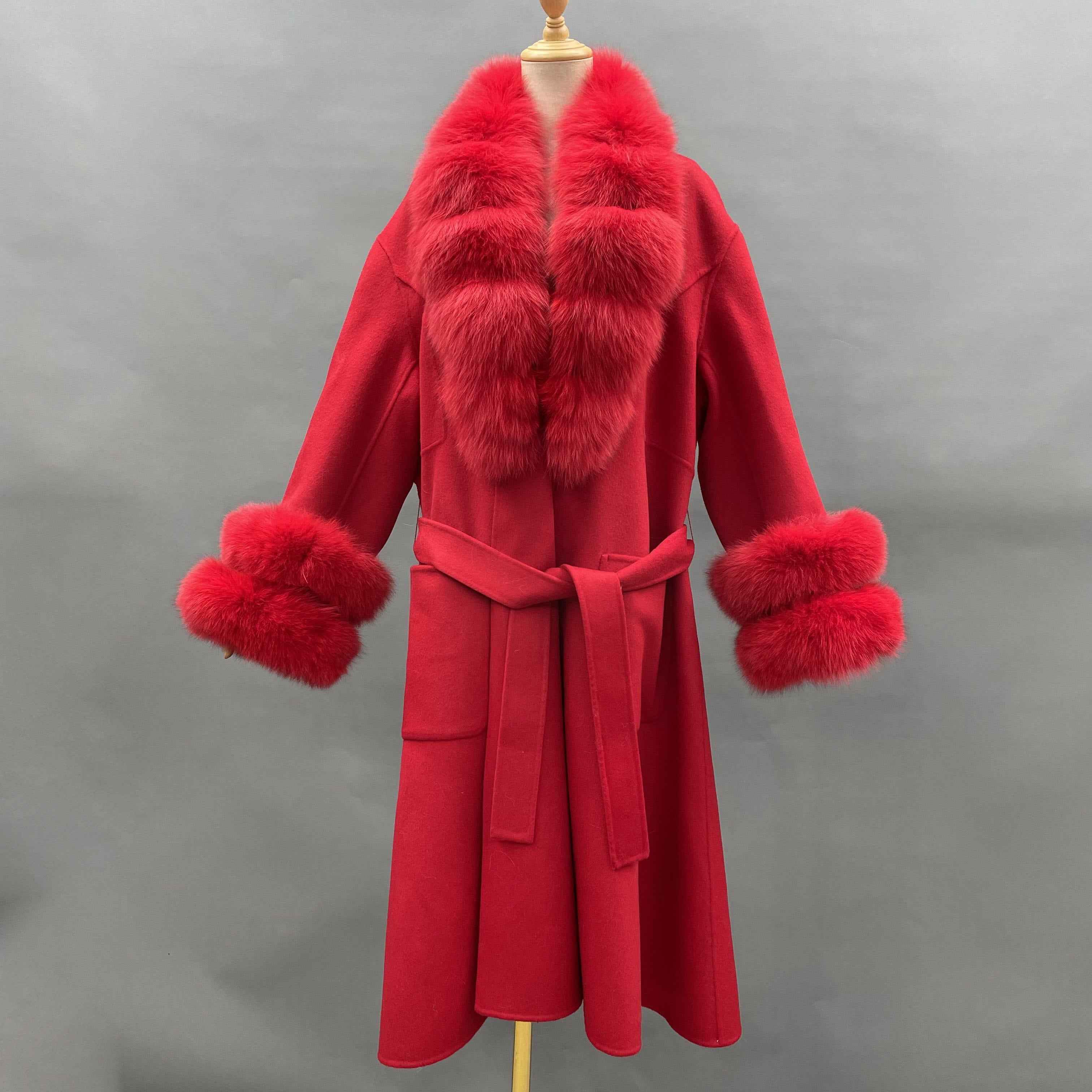 Women's Luxury Double - Faced Wool Coat with Segmented Fox Fur Collar, Two - Section Cuffs, Flared Skirt & Belt Red