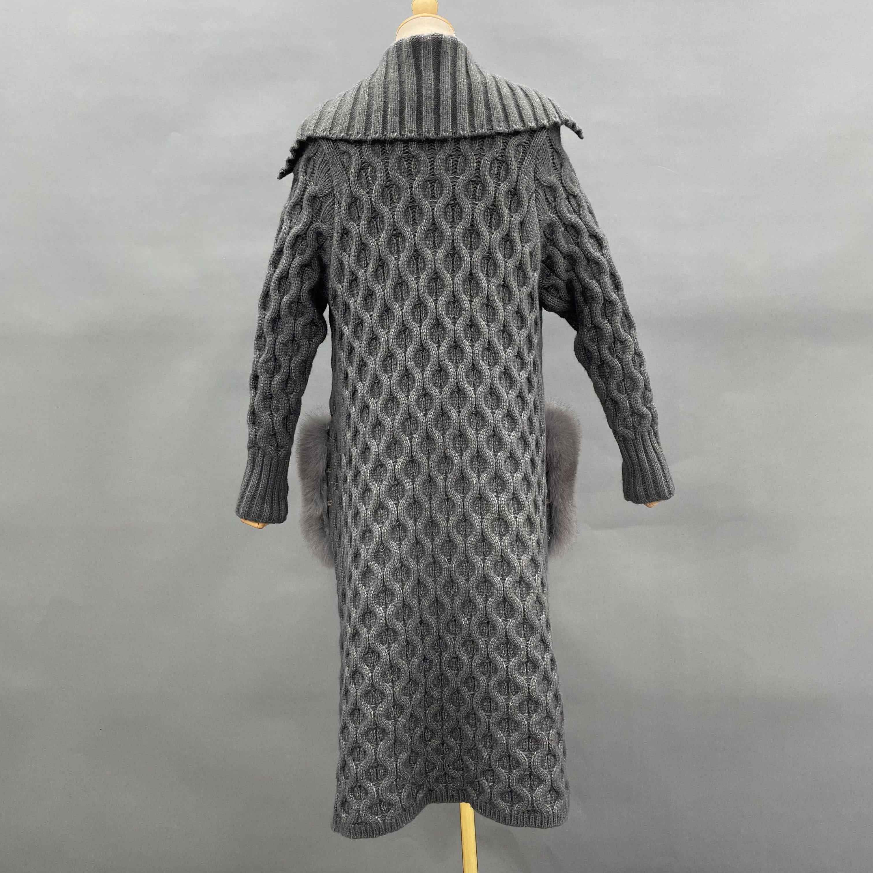 Women's Oversized Shawl Collar Knee-Length Knitted Coat with Fur-Trimmed Pockets - Luxe Winter Outerwear