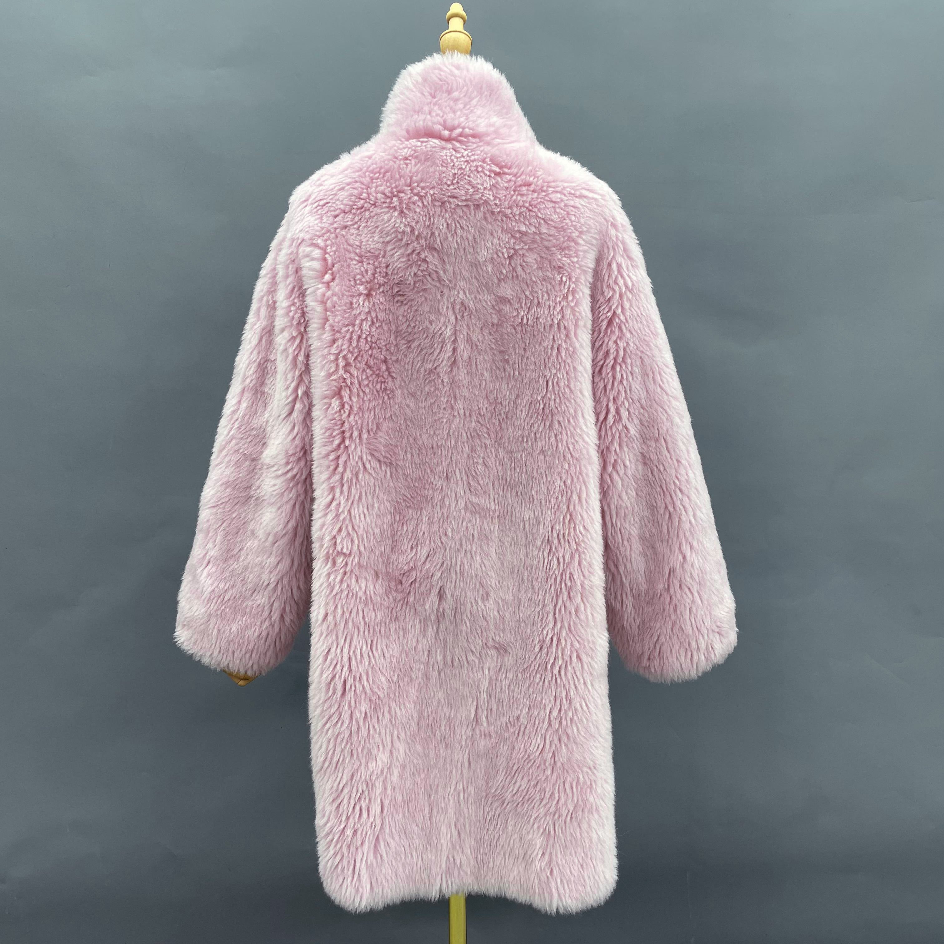 Women's Pink Sheepskin Shearling Long Coat with Stand Collar, Pearl Buttons - Classic & Versatile Winter Outerwear