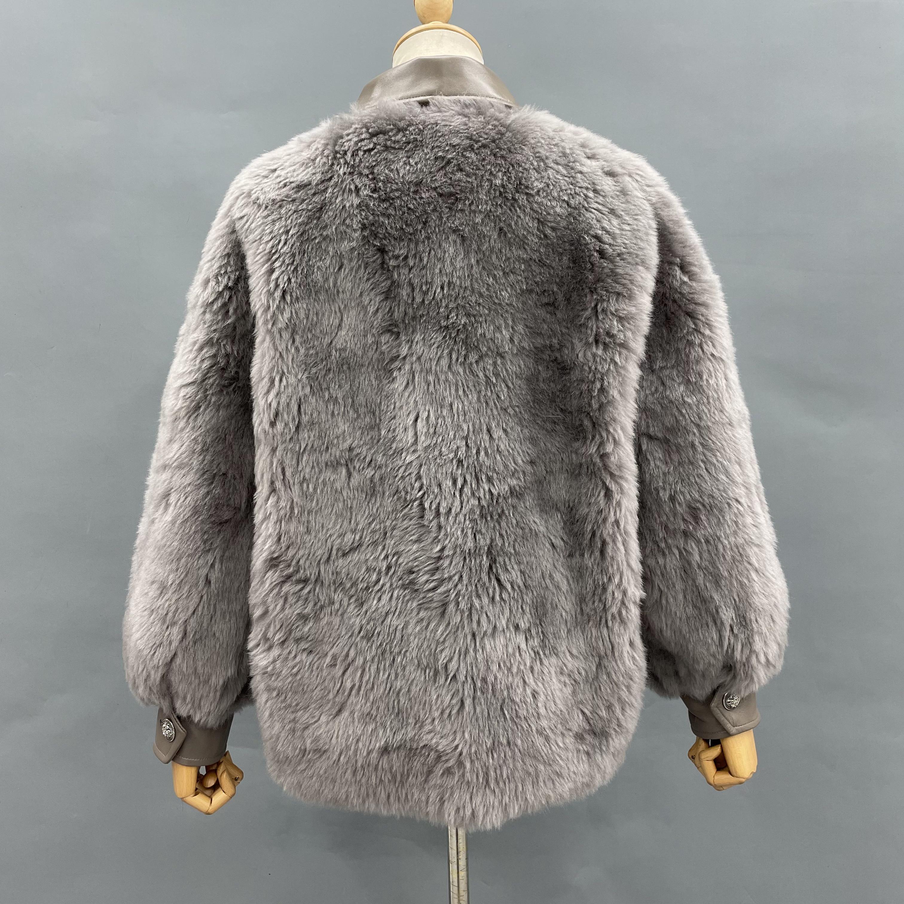 Women's Grey Sheepskin Shearling Jacket with Leather Collar, Cuffs & Decorative Buttons - Edgy Winter Outerwear