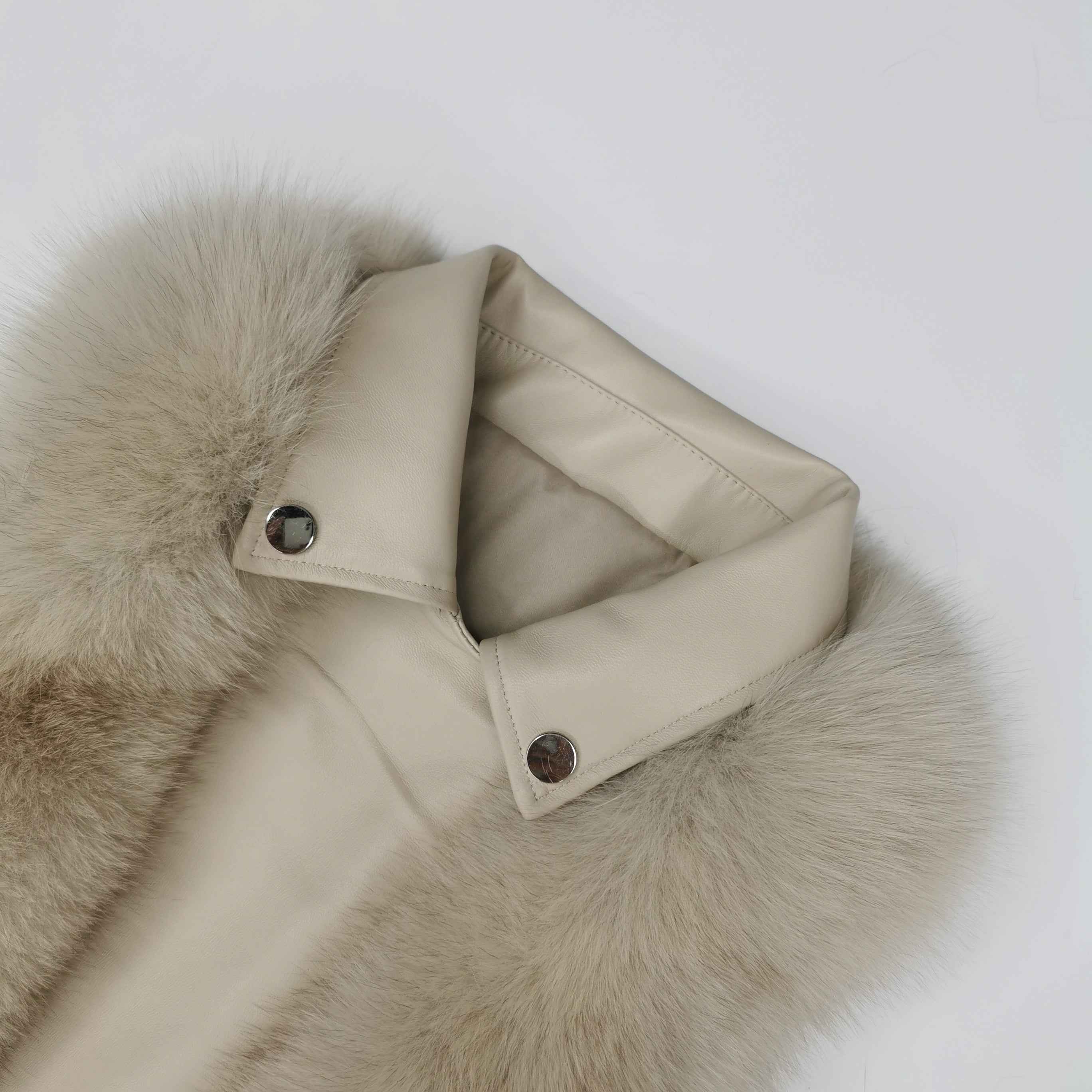 Women's Fox Fur Vest with Leather Collar - Edgy Buckle-Accented Outerwear