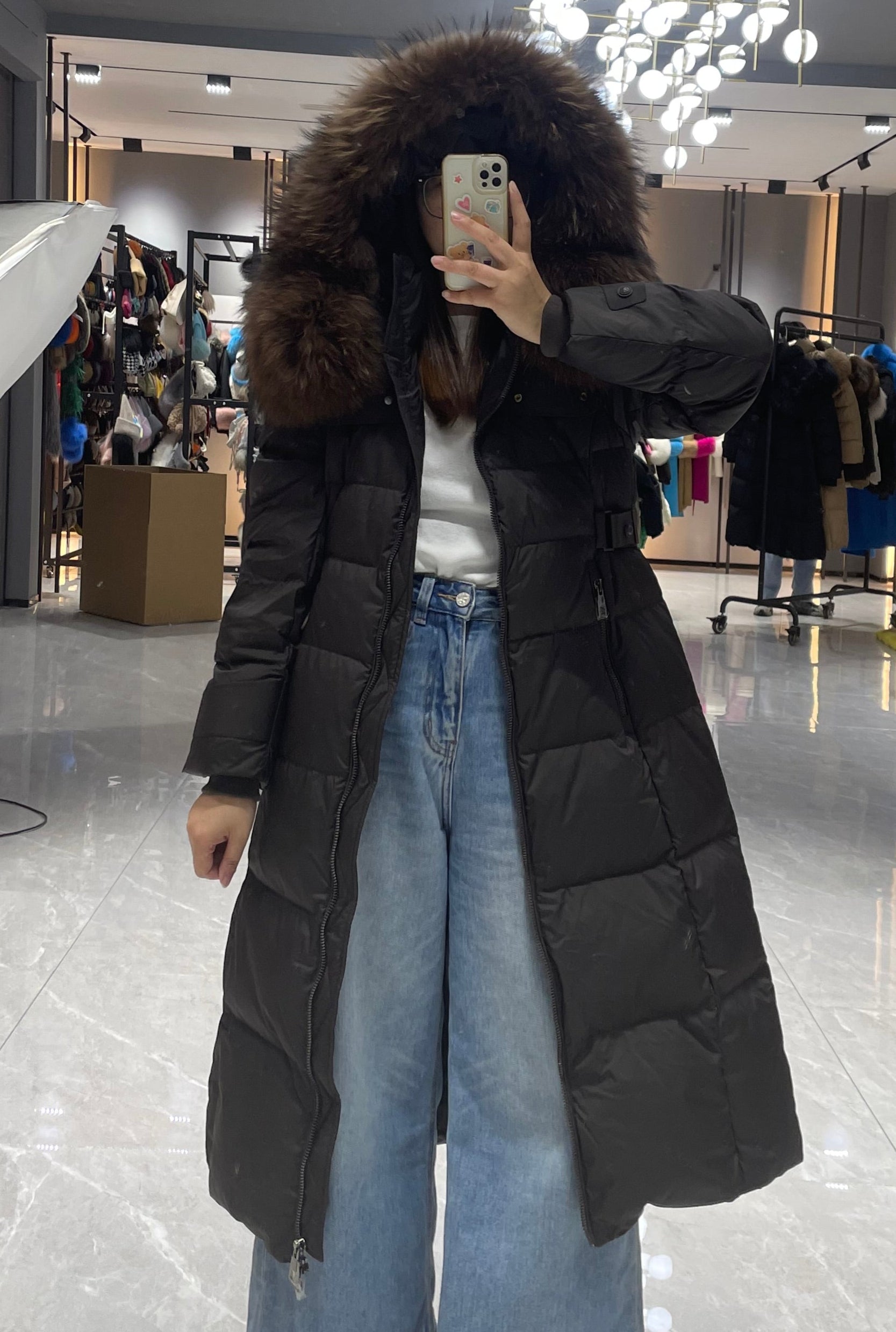 Women's Long Down Coat with Raccoon Fur - Trimmed Hood