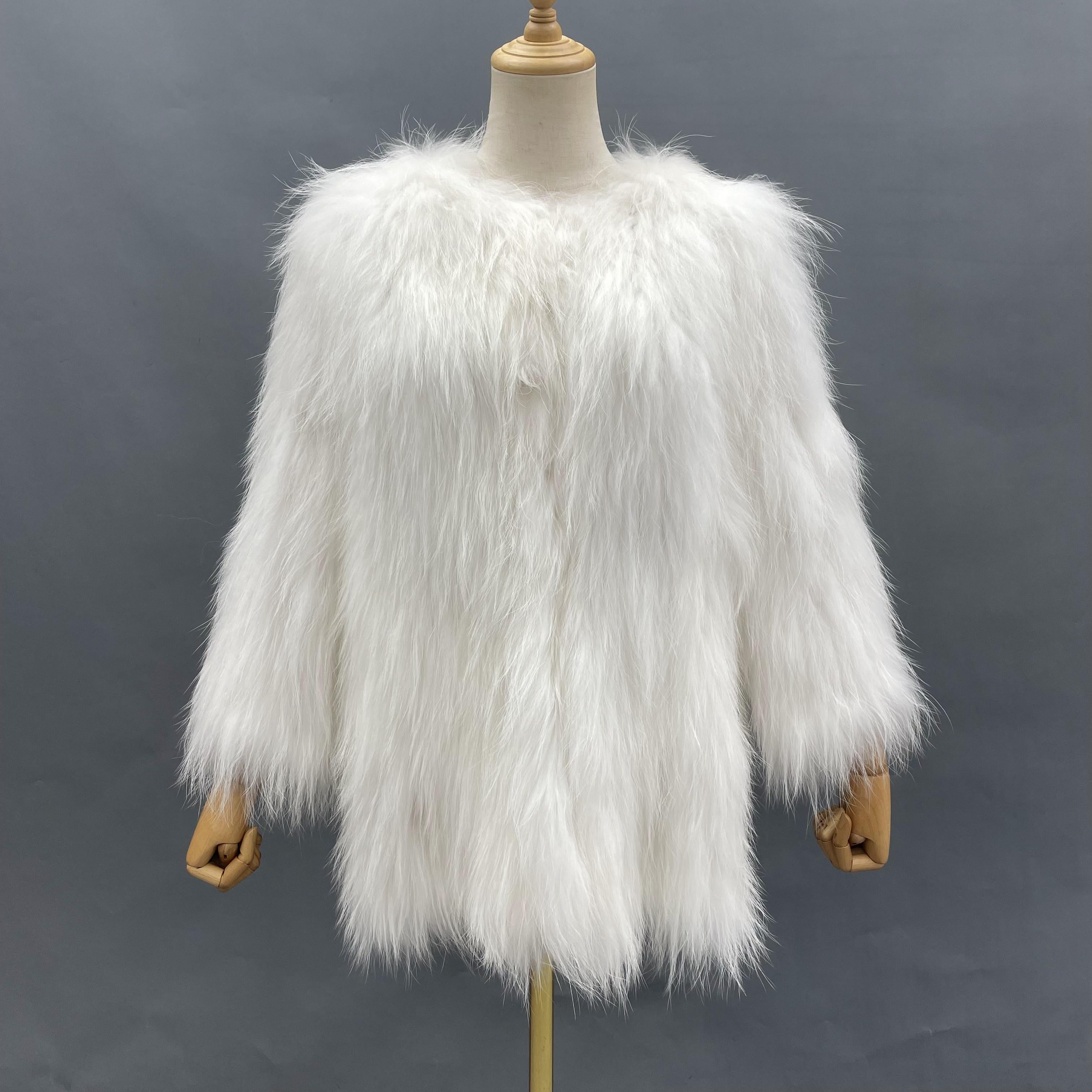 Women's Knitted Raccoon Dog Fur Mid-Length Coat with Crew Neck - Luxurious Winter Outerwear