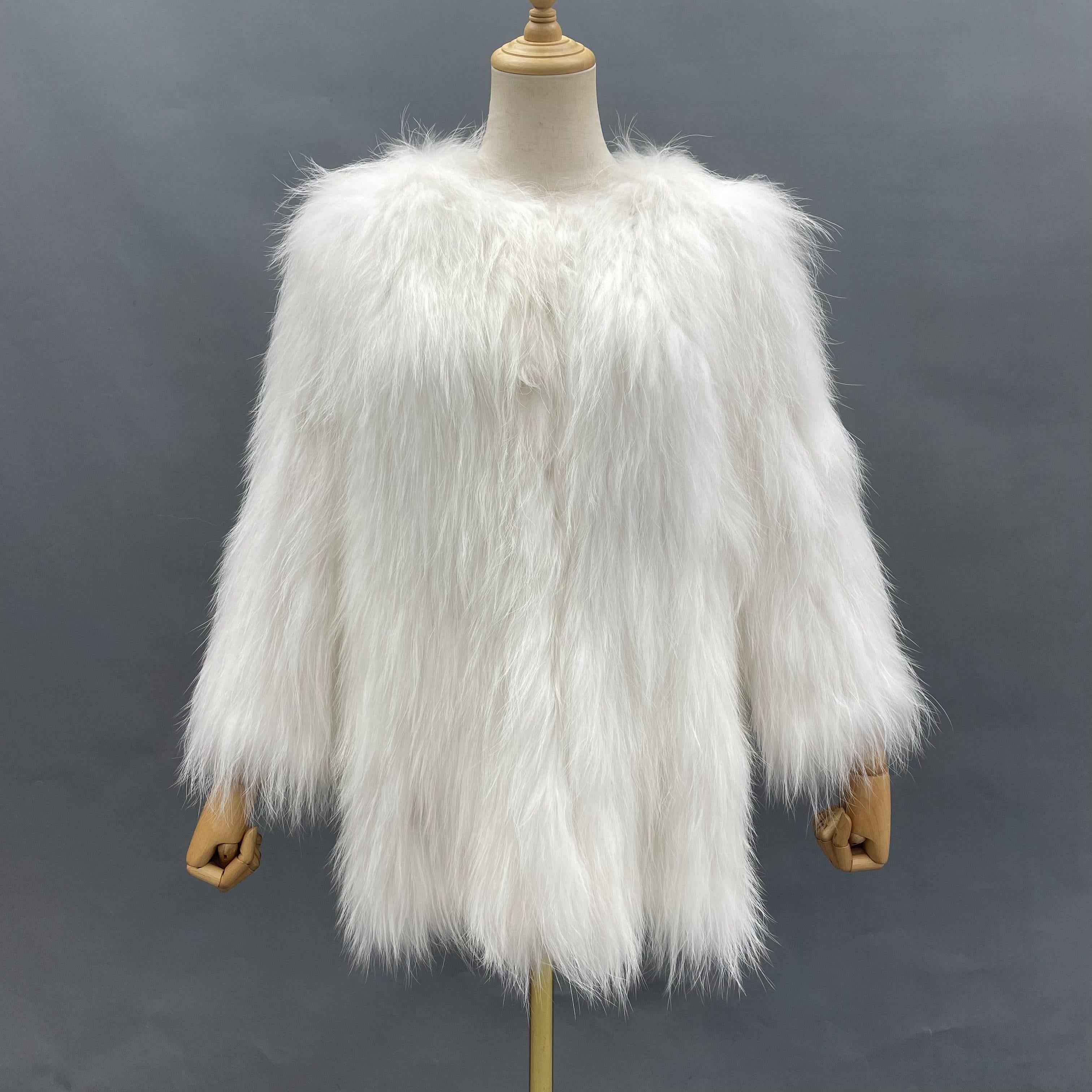 Women's Knitted Raccoon Dog Fur Mid-Length Coat with Crew Neck - Luxurious Winter Outerwear