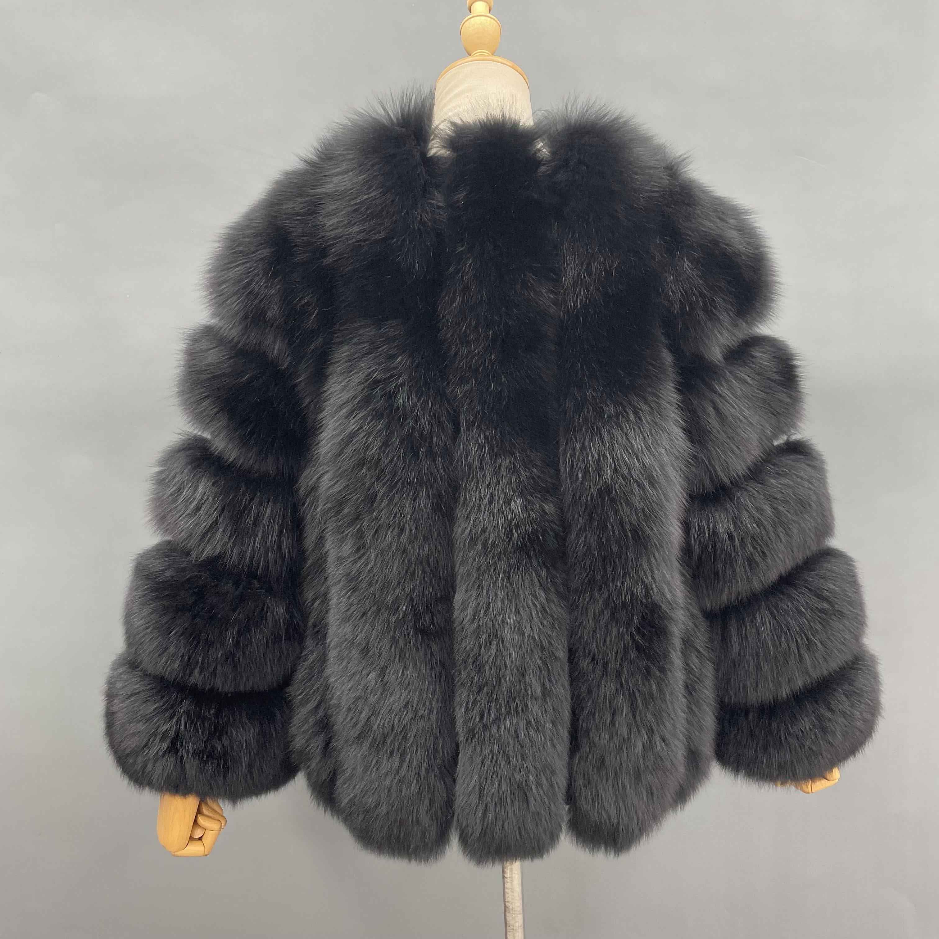 Women's Premium Fluffy Fox Fur Short Coat with Layered Sleeves - Winter Chic Warm Jacket Black