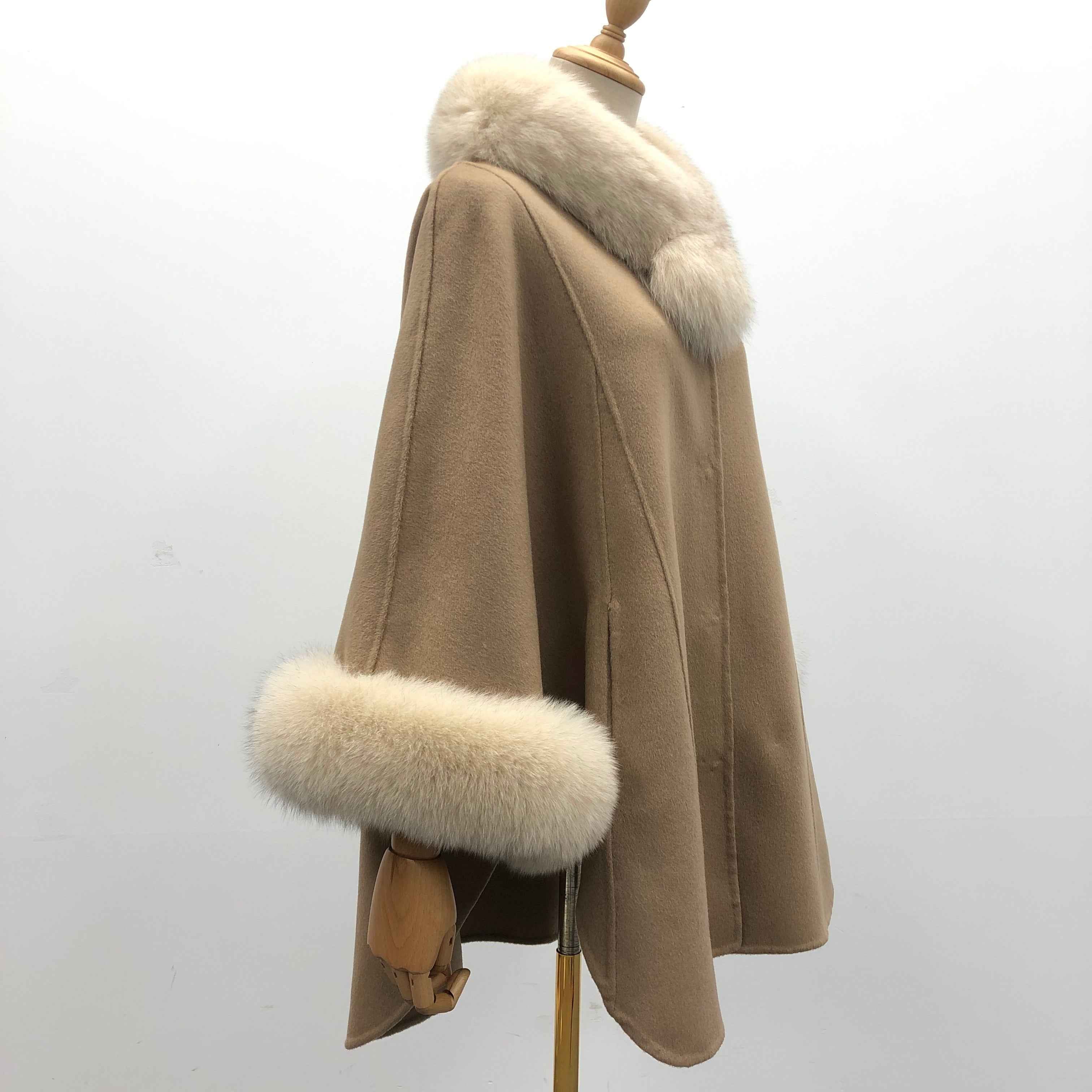Women's Luxury Double - Faced Wool Cape with Removable Faux Fur Collar and Cuffs, Elegant Winter Outerwear