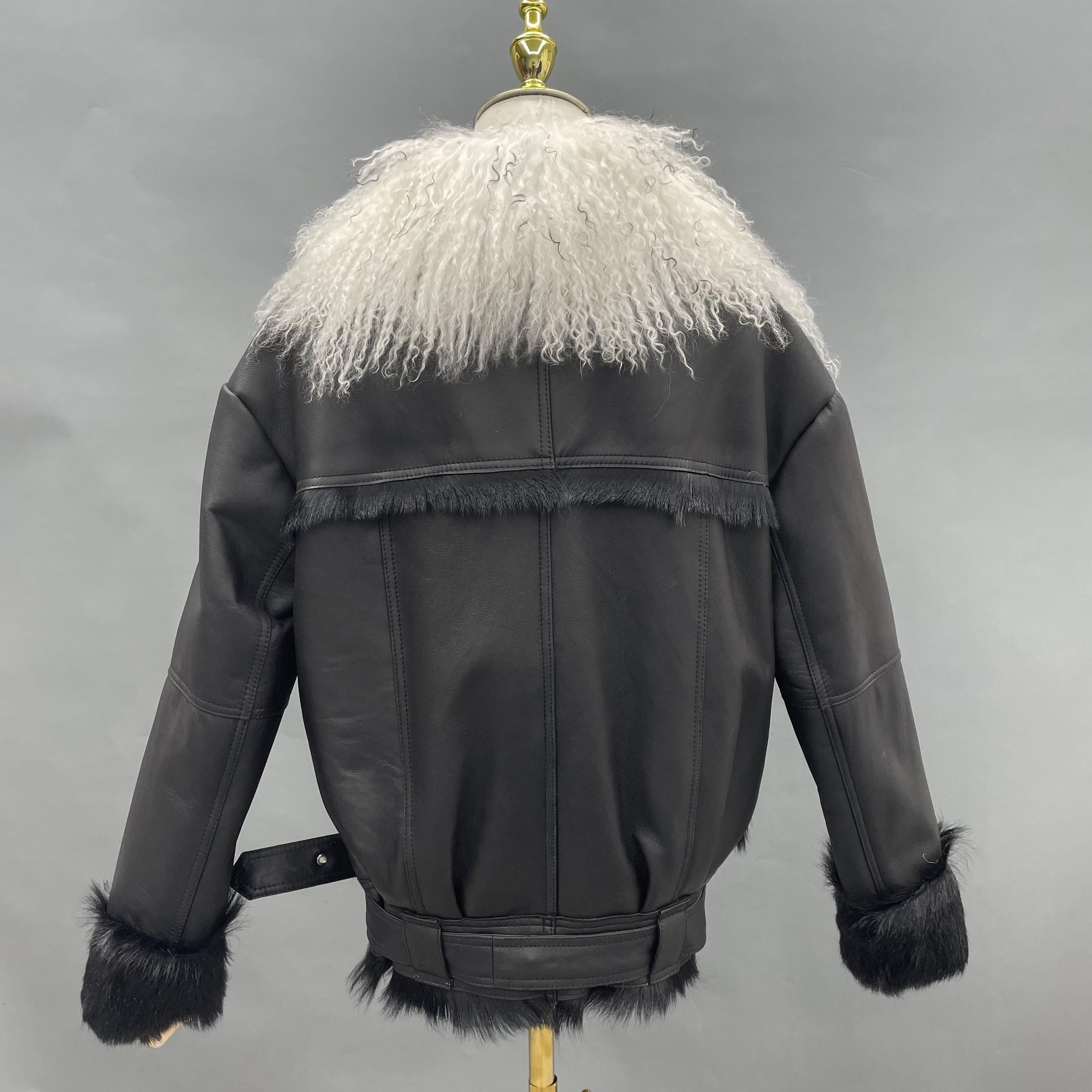 Women's Black Biker-Style Shearling Jacket with Tibetan Lamb Fur Collar, Asymmetric Zipper & Belted Waist - Edgy Winter Outerwear