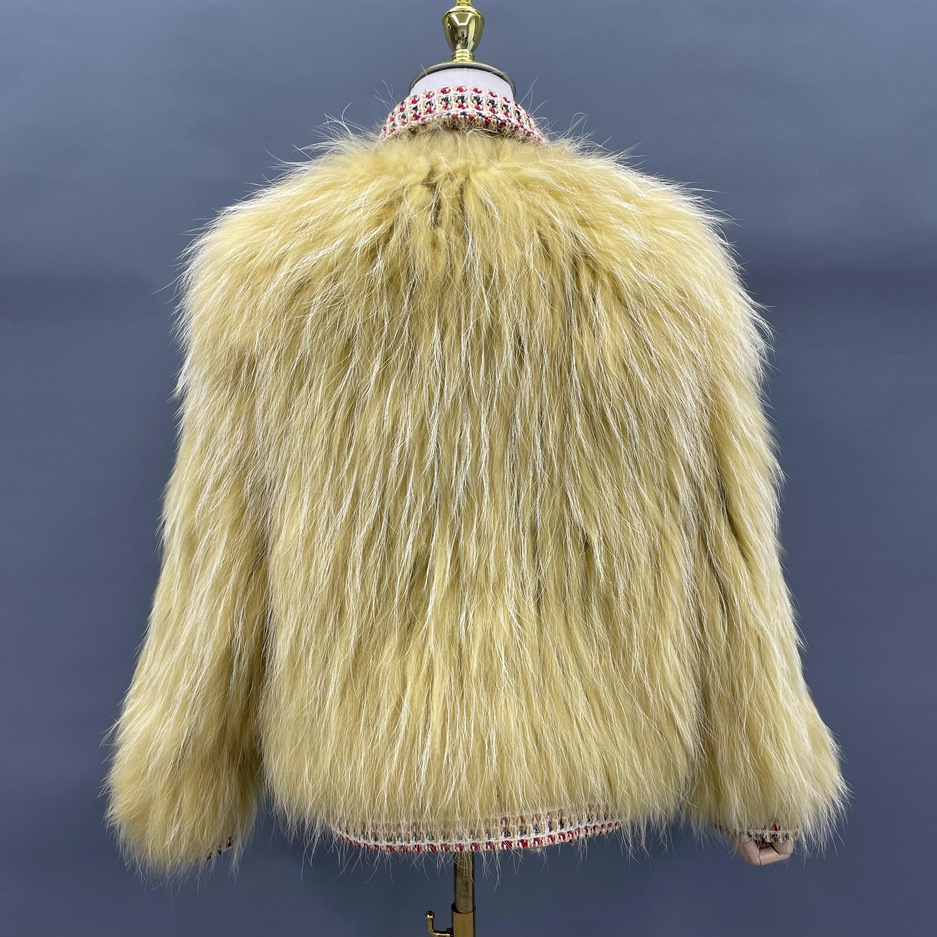 Women's Luxurious Raccoon Dog Fur Jacket with Chanel-Style Tweed & Notched Lapel - Knitted Winter Outerwear