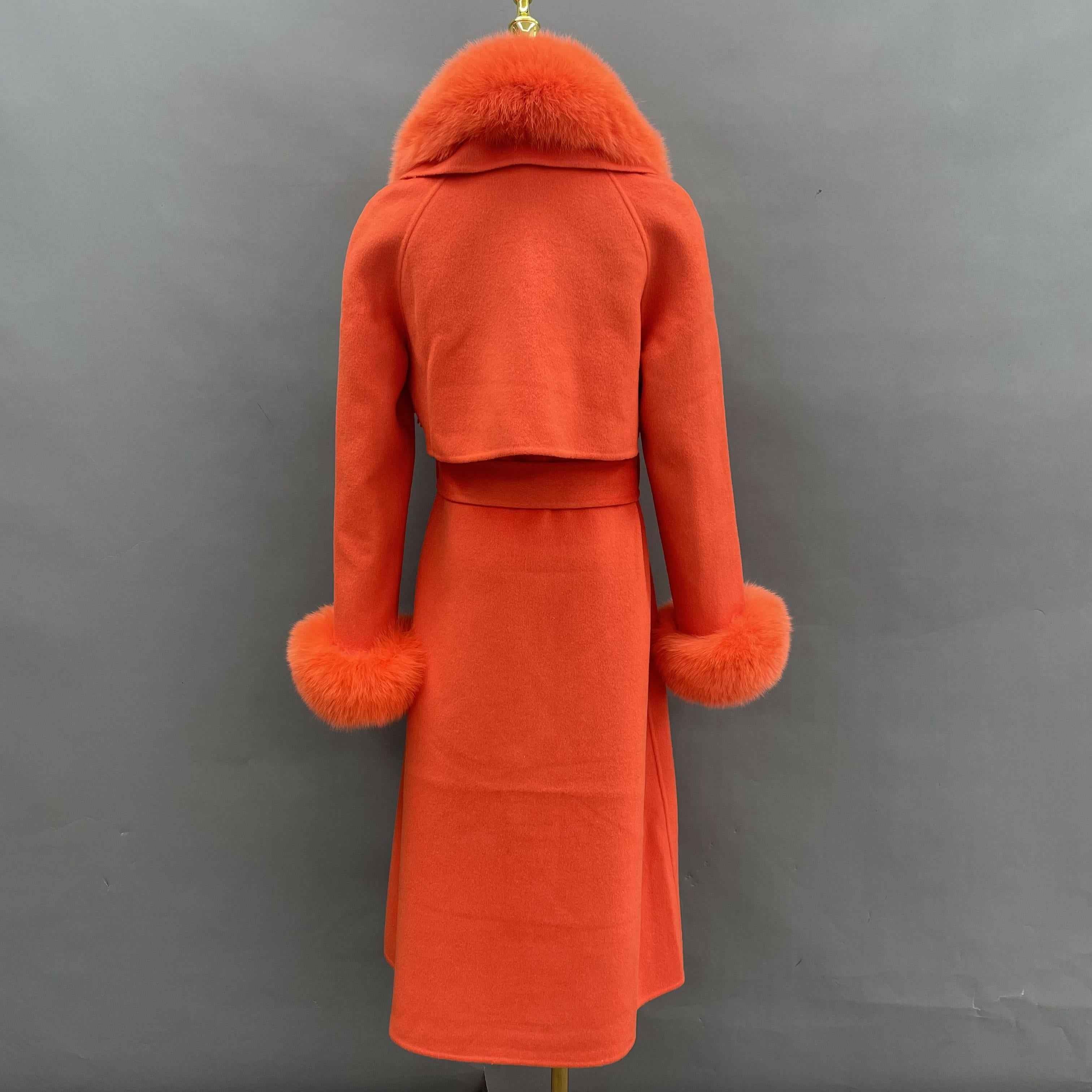 Women's Luxury Double - Faced Wool Coat with Fringe Detailing, Fox Fur Collar and Cuffs, Belted Elegant Winter Outerwear