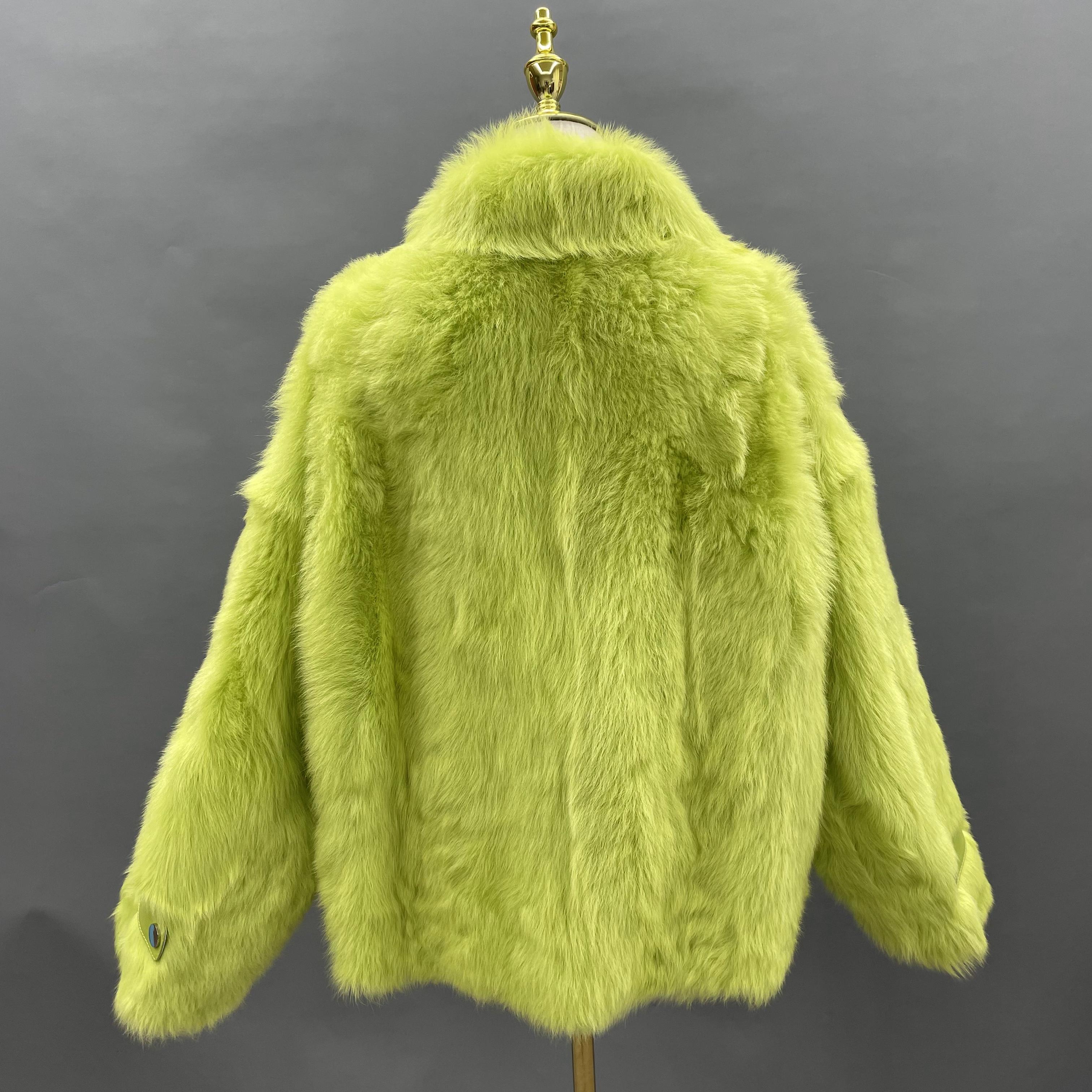 Women's Lime Green Toscana Shearling Jacket with Notched Lapel & Button Front - Luxe Winter Outerwear