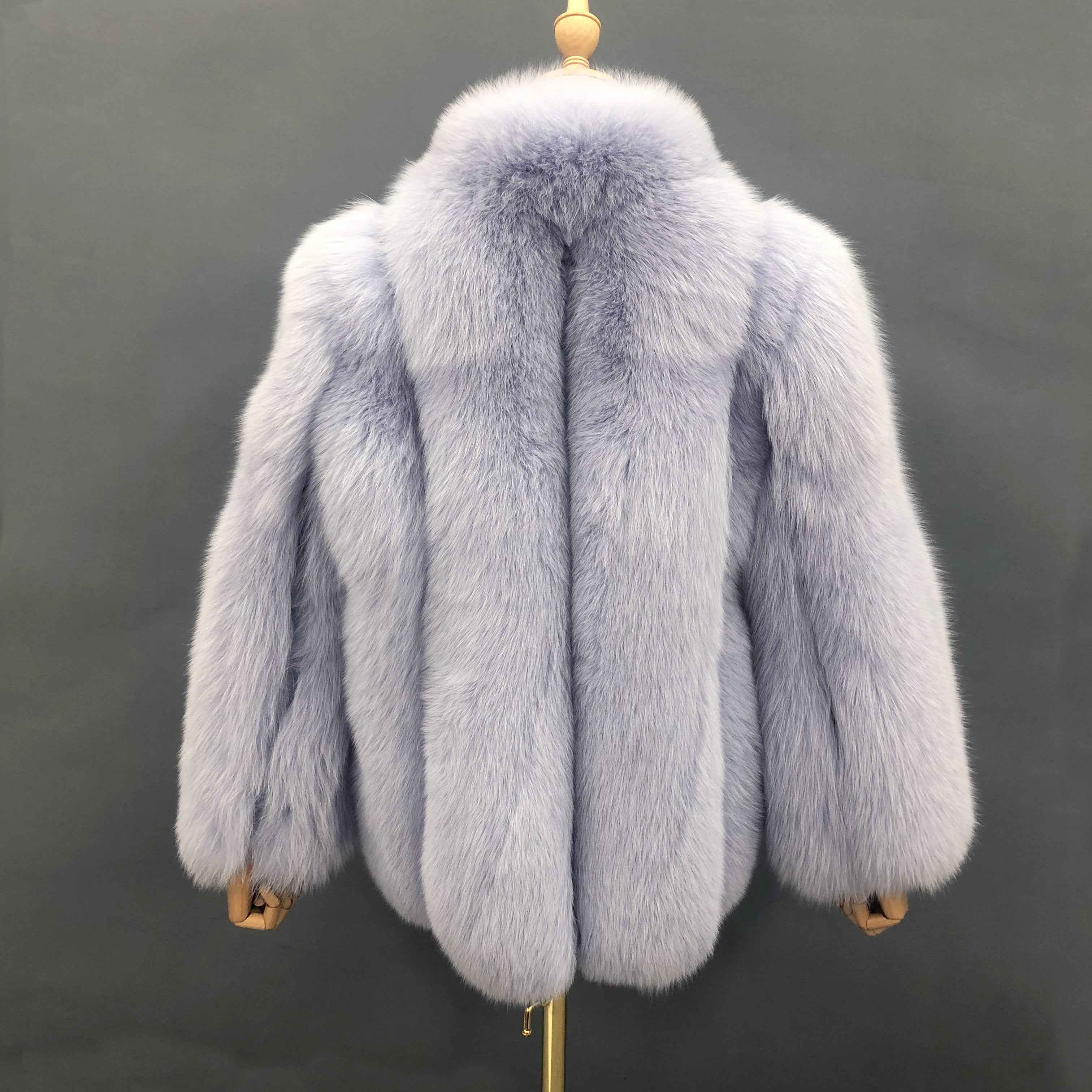 Women's Luxury Light Lavender Fox Fur Coat with Vertical Stripes & Stand Collar