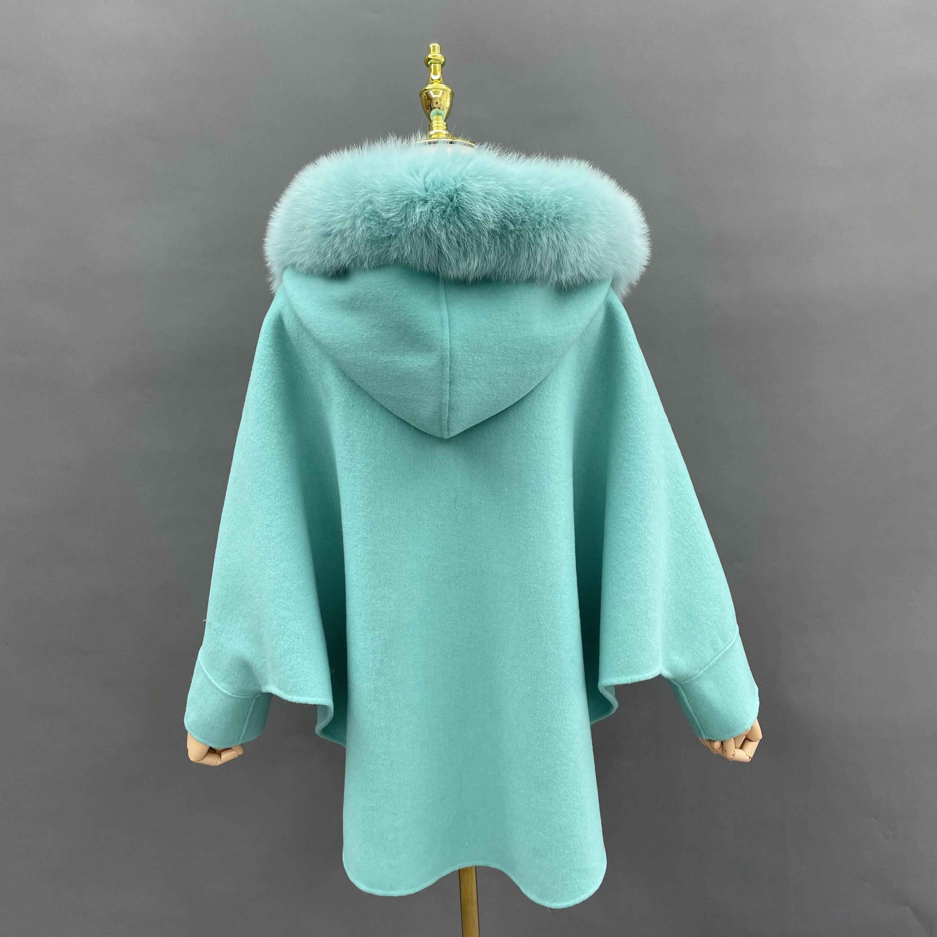 Women's Batwing Sleeve Cape-Style Double-Faced Wool Coat with Fox Fur Trim - Elegant Winter Statement Outerwear
