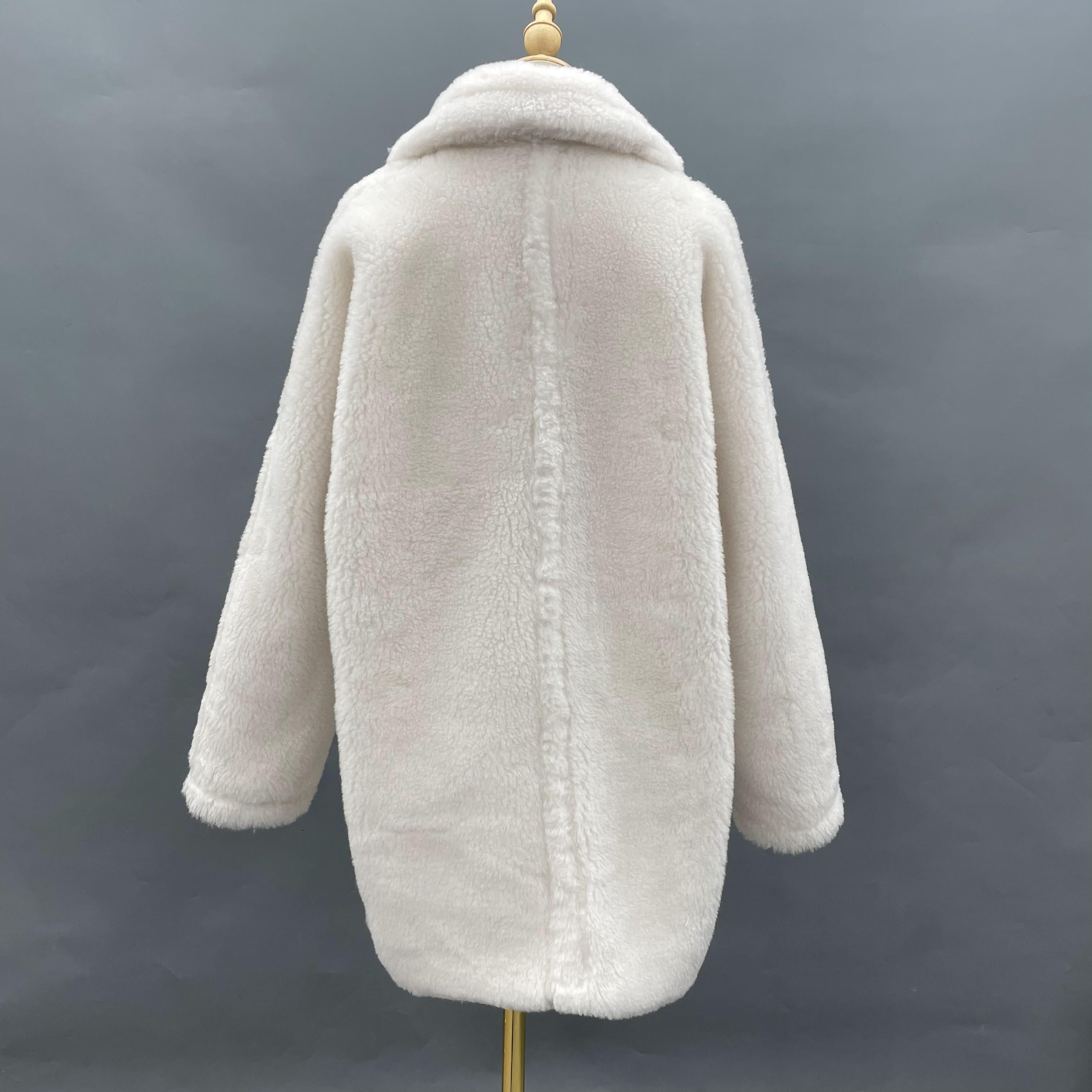 Women's White 100% Wool Shearling Coat with Double-Breasted Notched Lapel - Warm Winter Outerwear