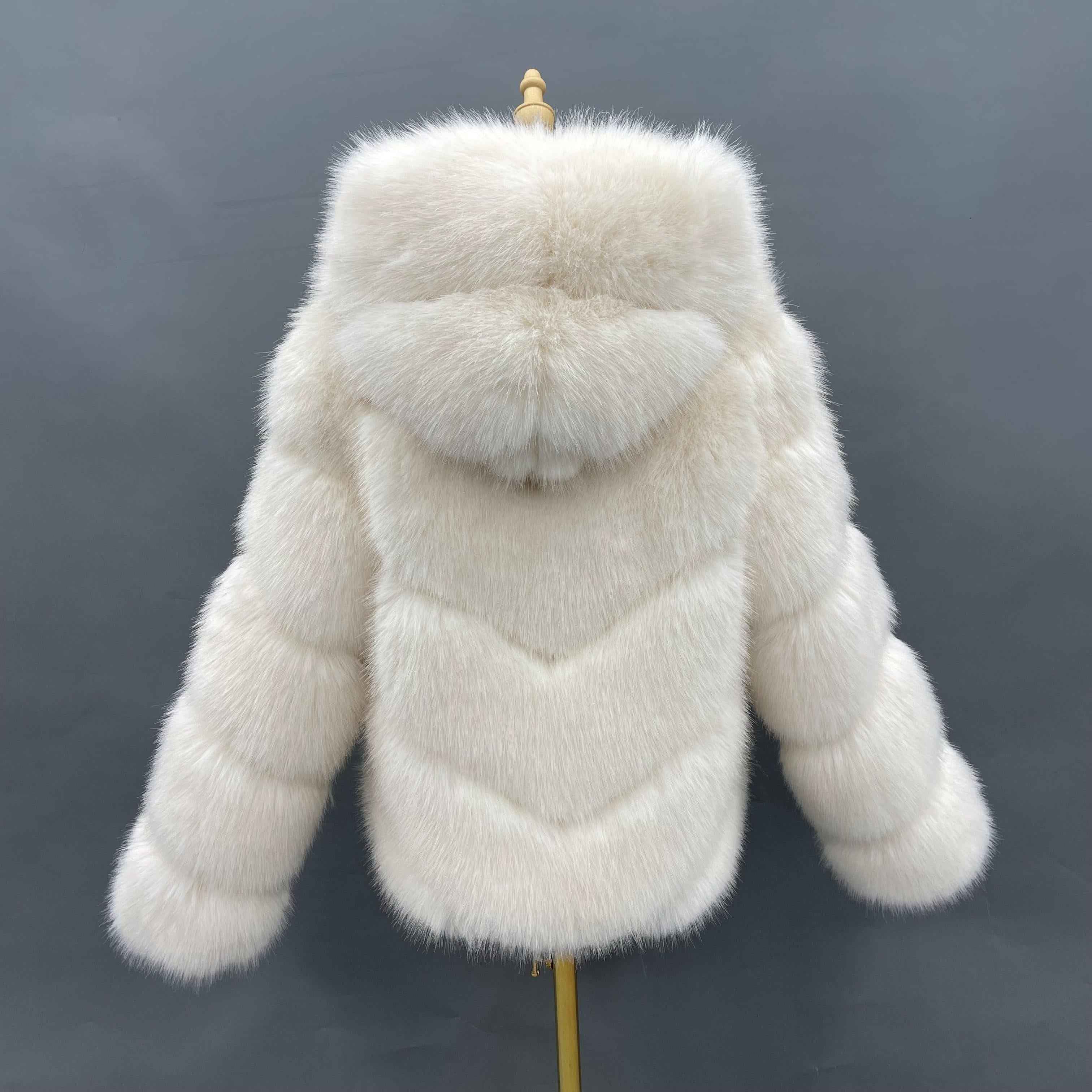 Women's 5-Panel Sleeve Hooded Faux Fur Coat with Diagonal Stripes - Highly Realistic Luxury Winter Outerwear