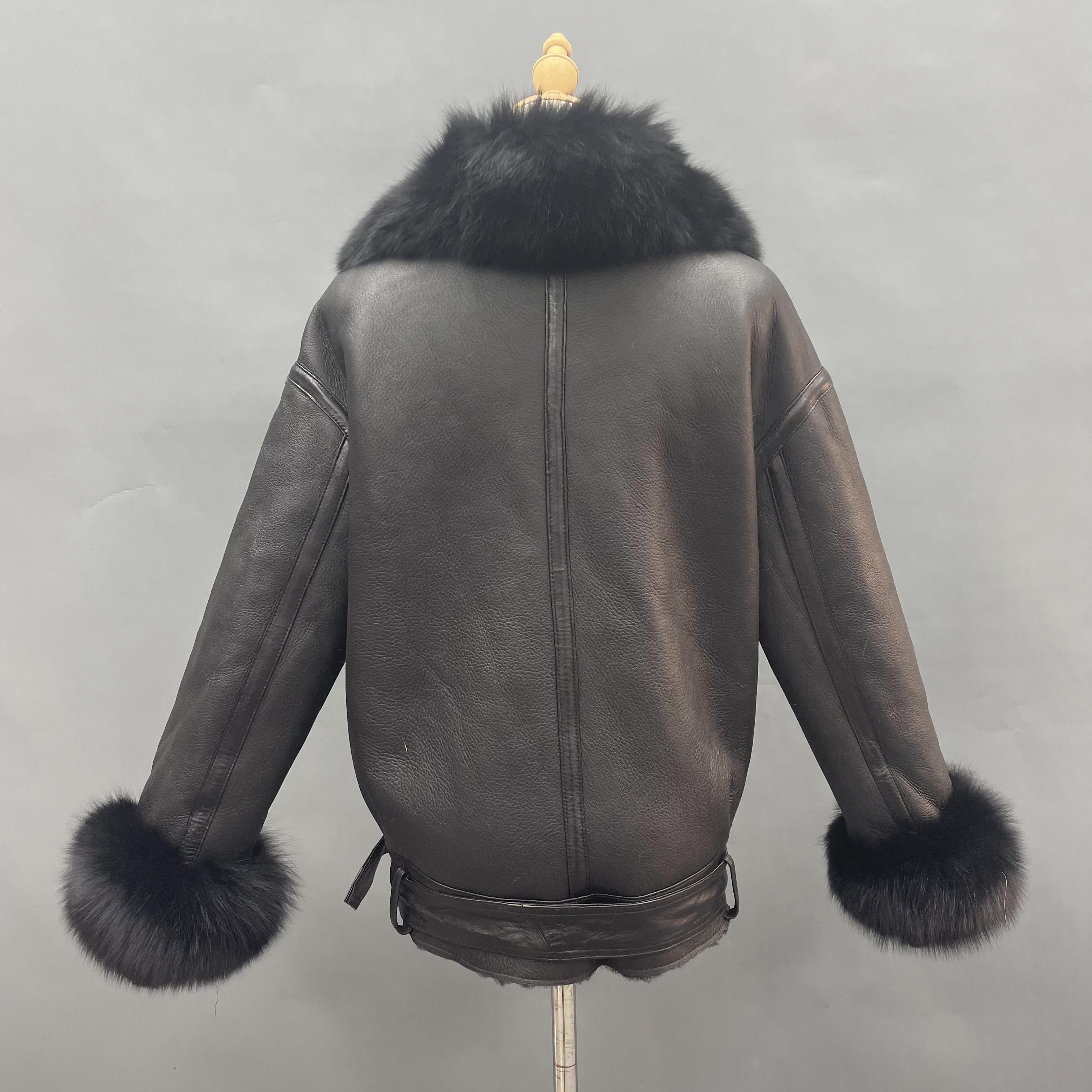 Women's Short Biker-Style Shearling Jacket with Fox Fur Collar & Cuffs, Asymmetric Zipper - Luxe Winter Outerwear