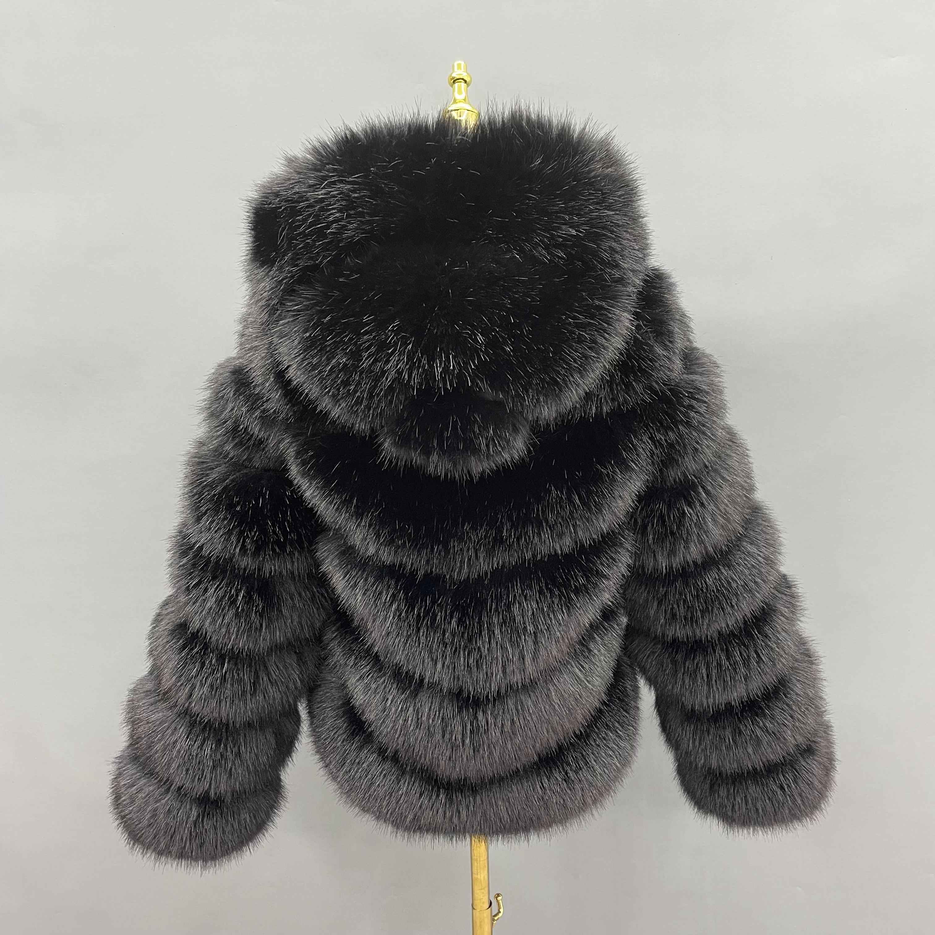 Women's 5-Panel Diagonal Stripe Hooded Faux Fur Coat - Highly Realistic Luxury Winter Outerwear