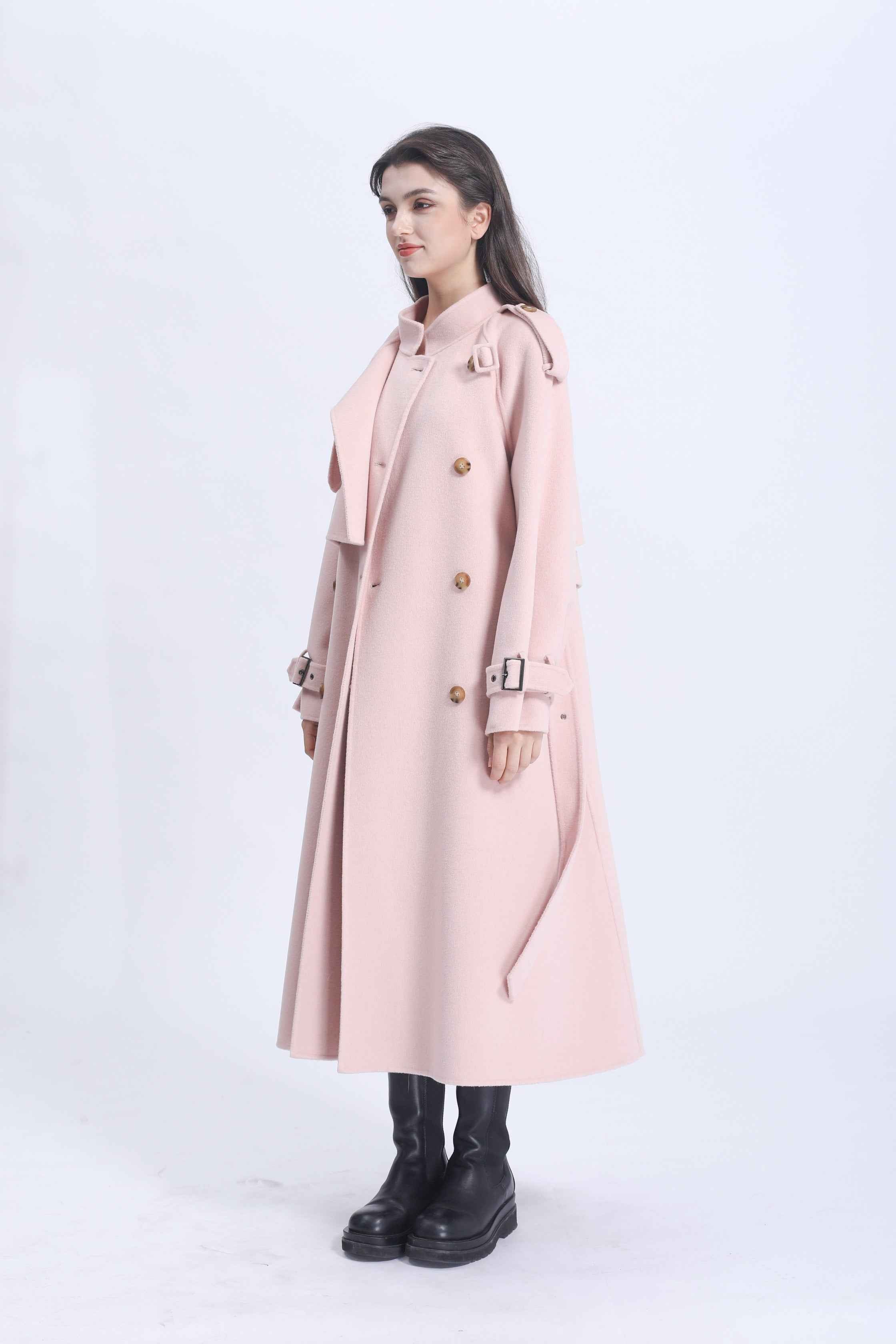 Elegant Double-Breasted Cashmere Trench Coat – Long Wool Blend Overcoat for Women