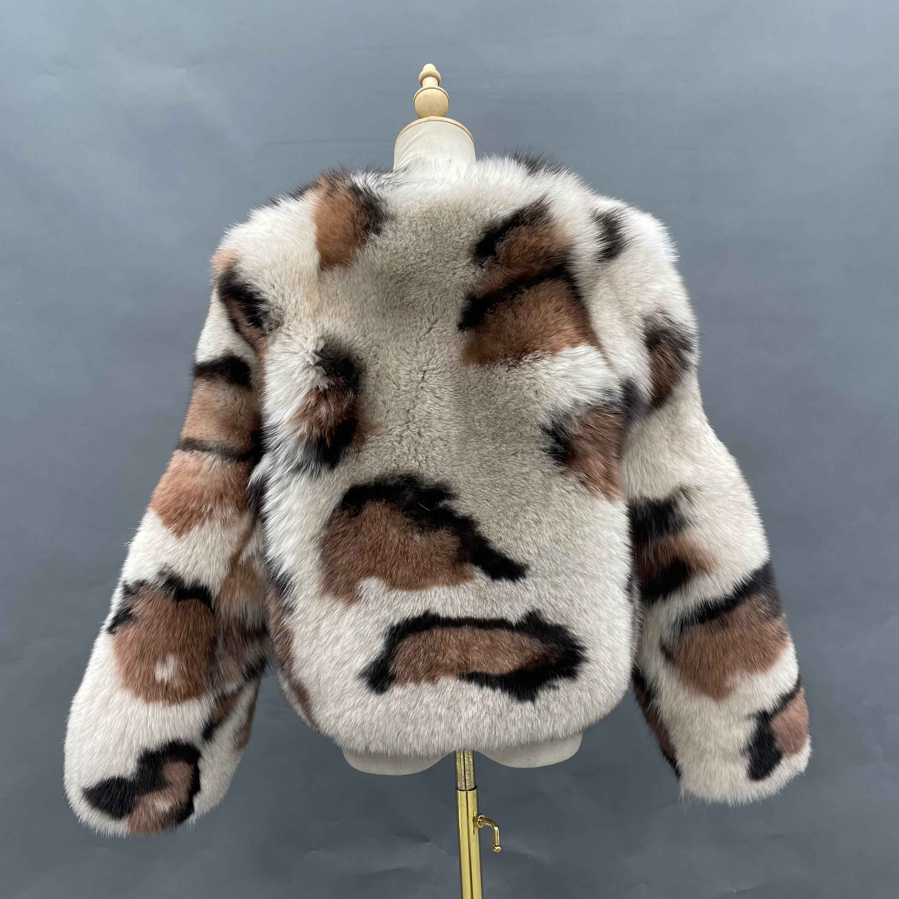 Women's Premium Leopard Print Fox Fur Cropped Jacket - Chic Winter Fashion Warm Statement Outerwear