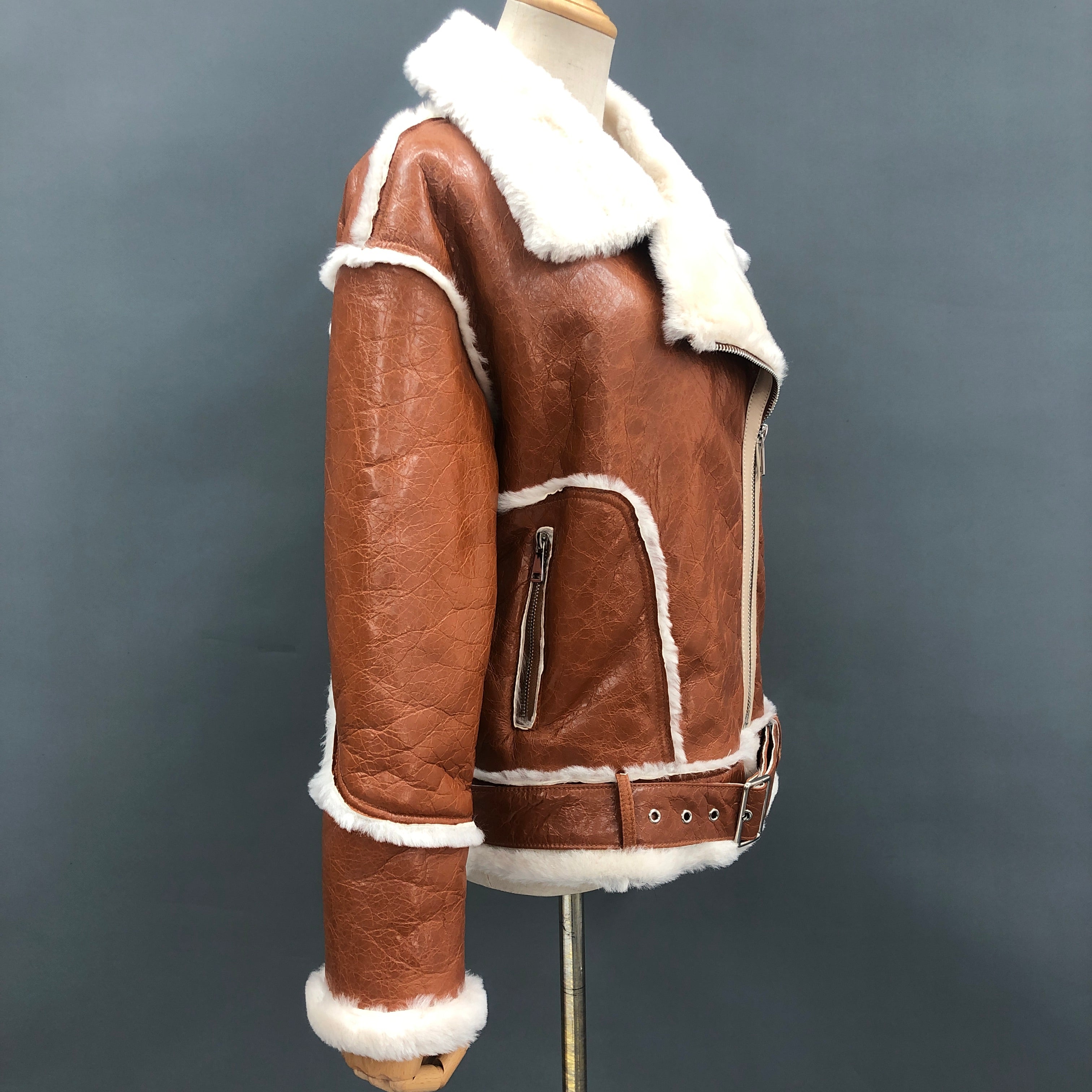 Women's Glossy Shearling Biker Jacket with Contrast Fur Trim & Edging - Luxe Winter Outerwear
