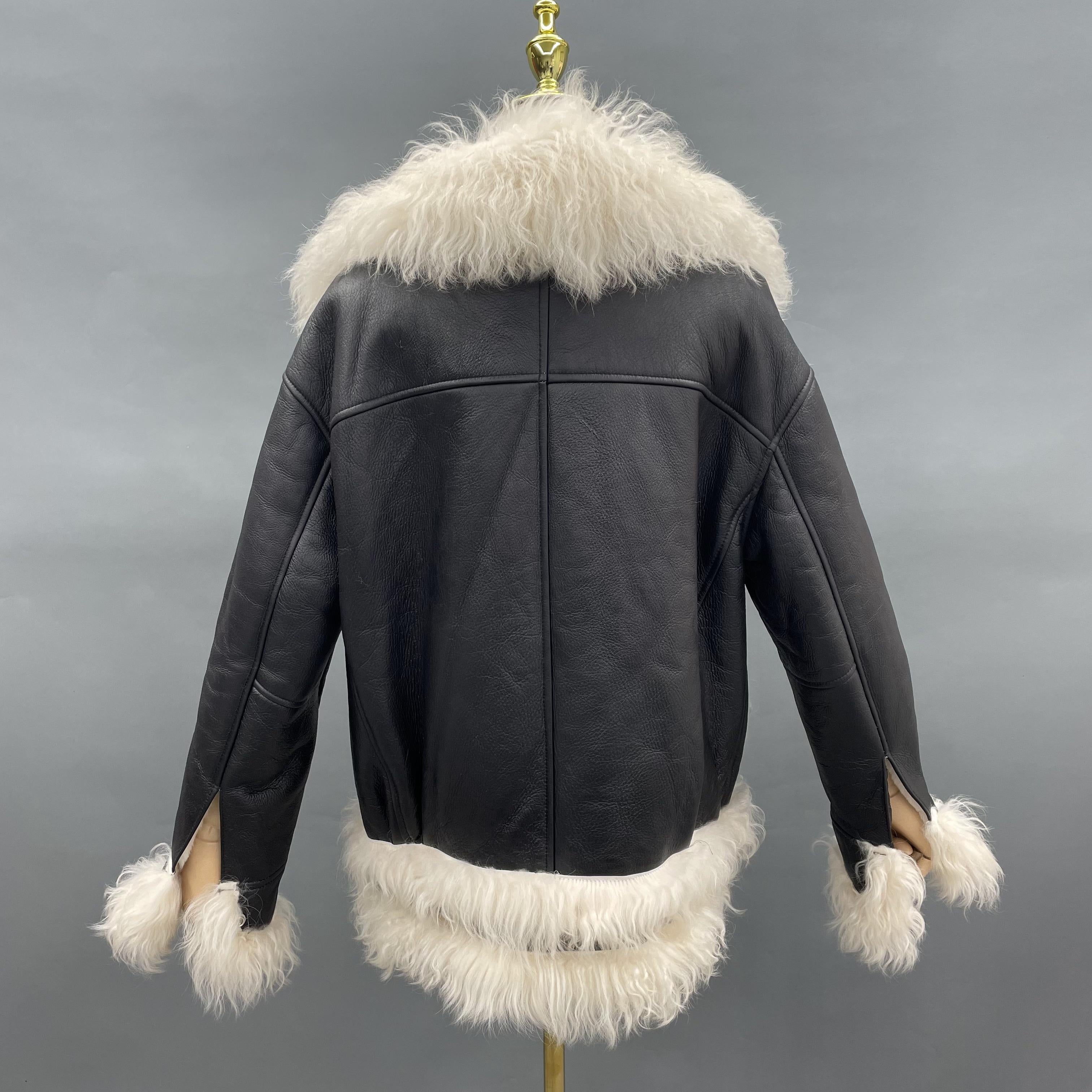 Women's Black Shearling Leather Jacket with Notched Lapel, Genuine Fur Trim, Windproof & Cold-Resistant Winter Outerwear