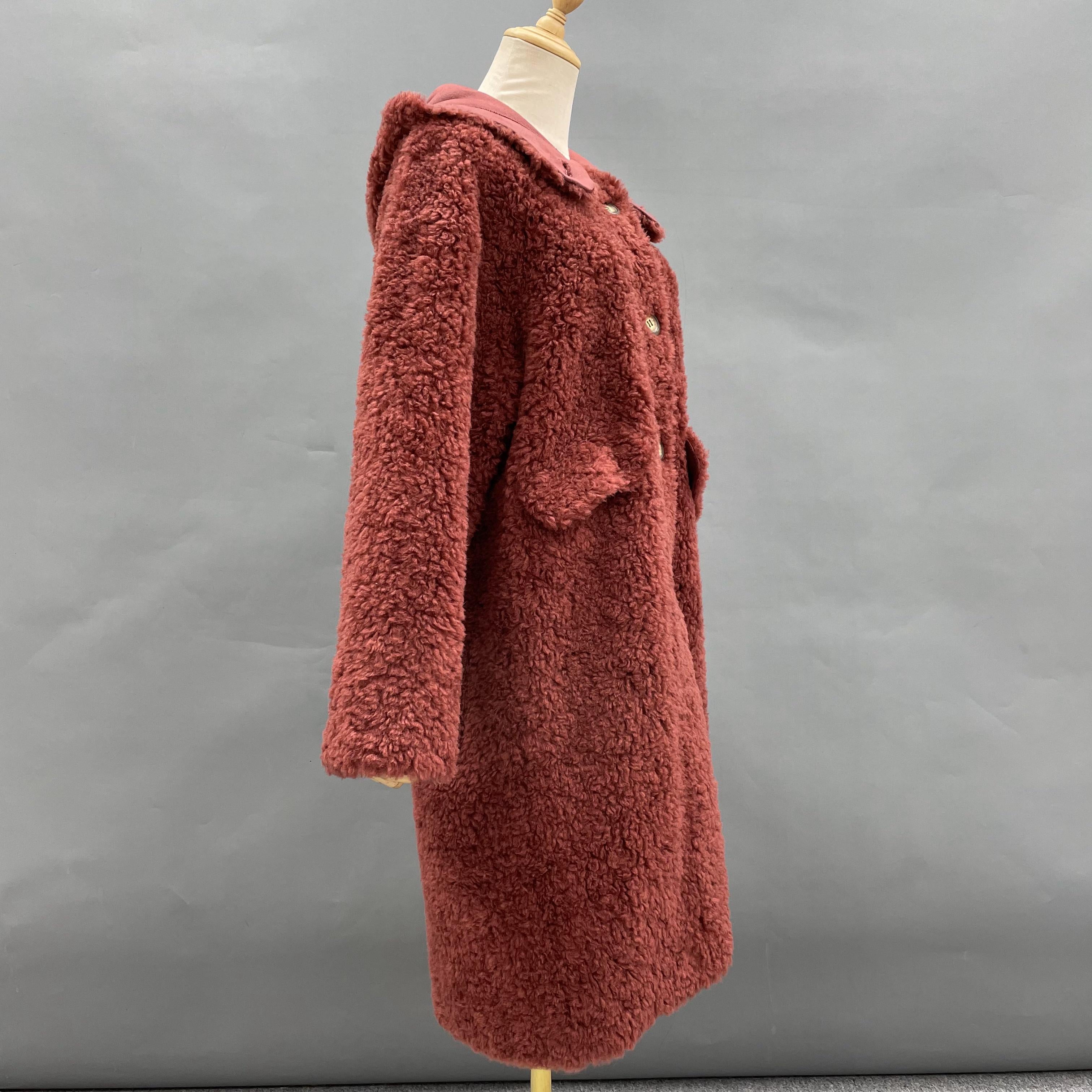 Women's Red Hooded Long Sheepskin Shearling Coat - Casual Winter Outerwear