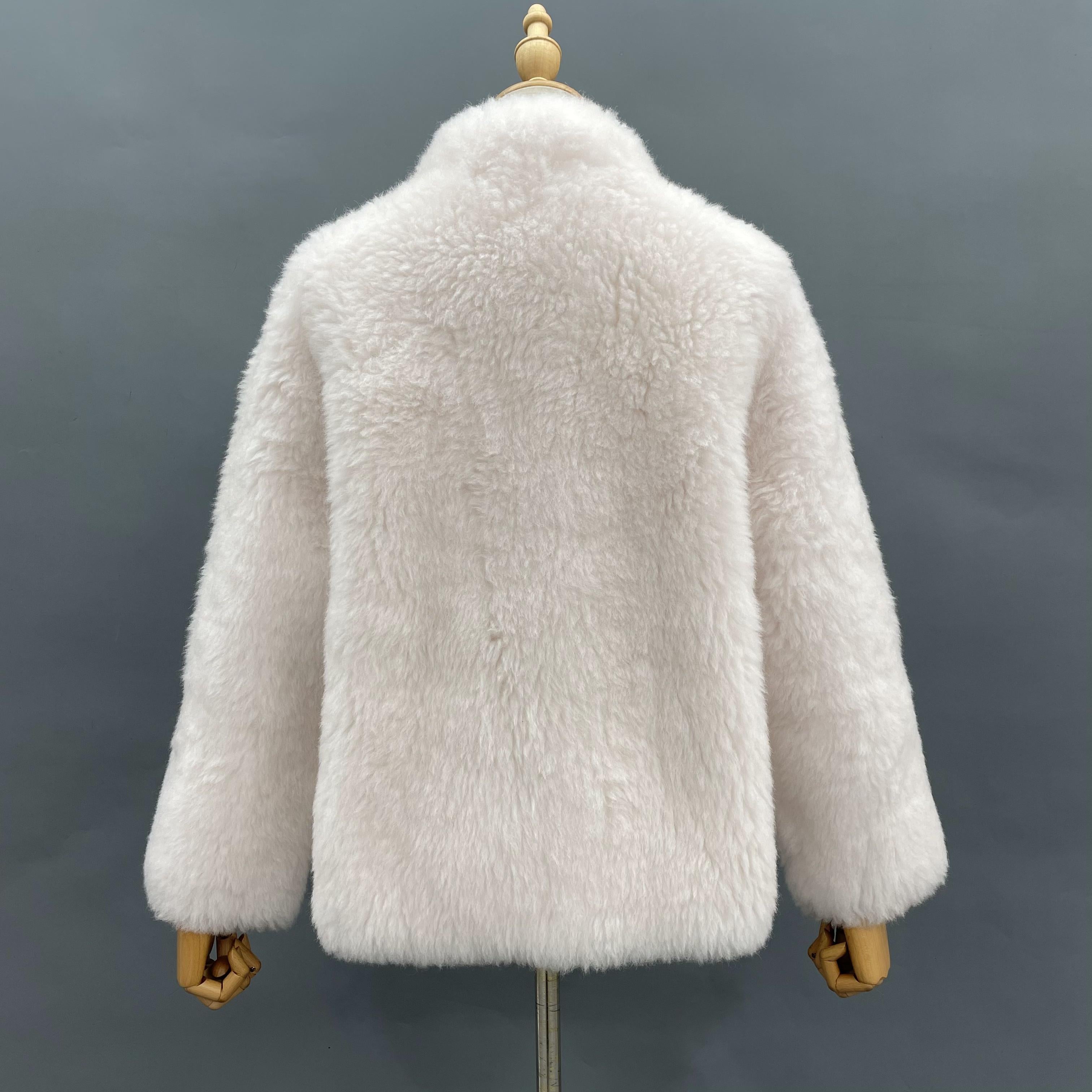 Women's White Sheepskin Shearling Jacket with Golden Frog Buttons & Large Pockets - Luxe Winter Outerwear