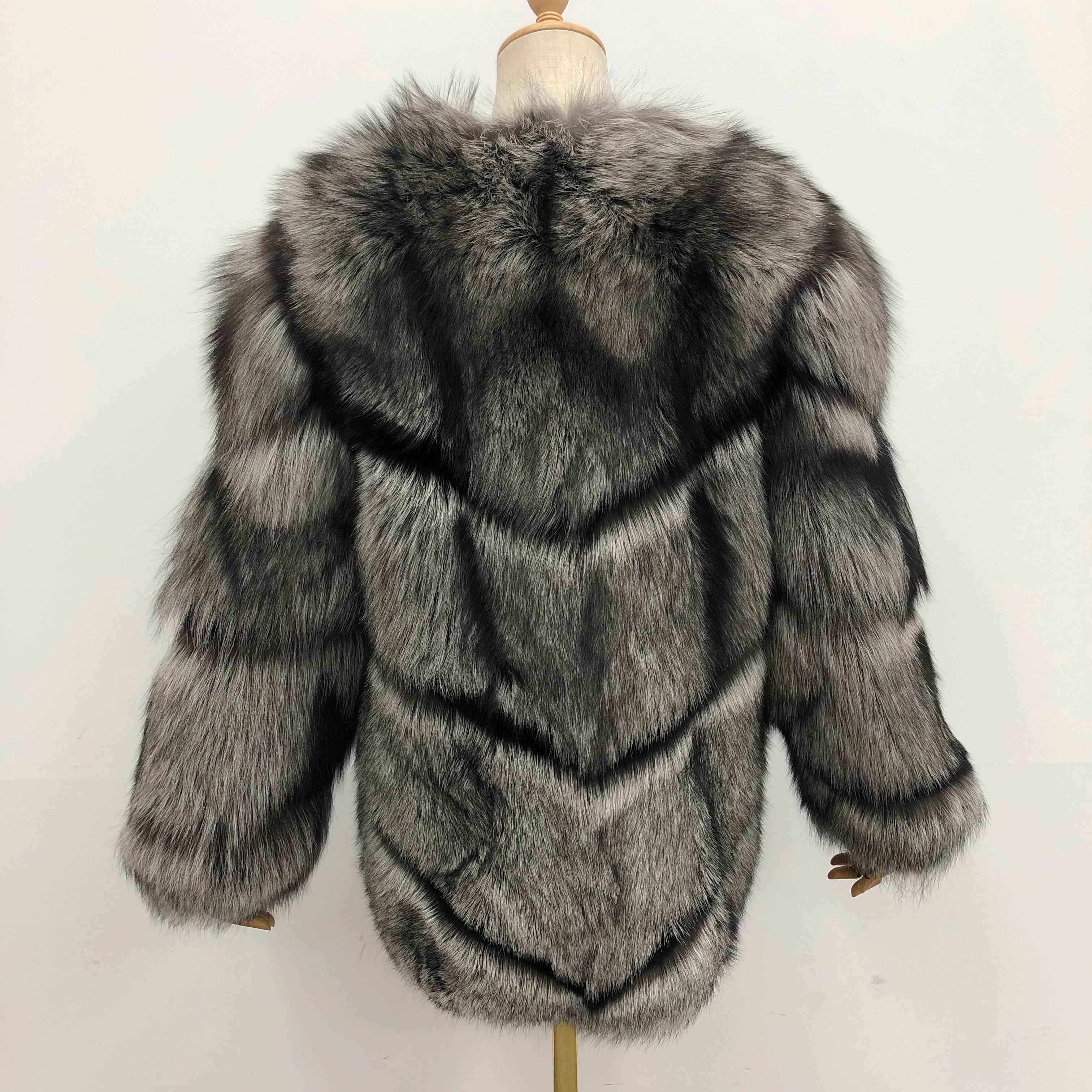 Luxury Silver Fox Fur Coat - Diagonal Stripe Four - Section Design Winter Outerwear