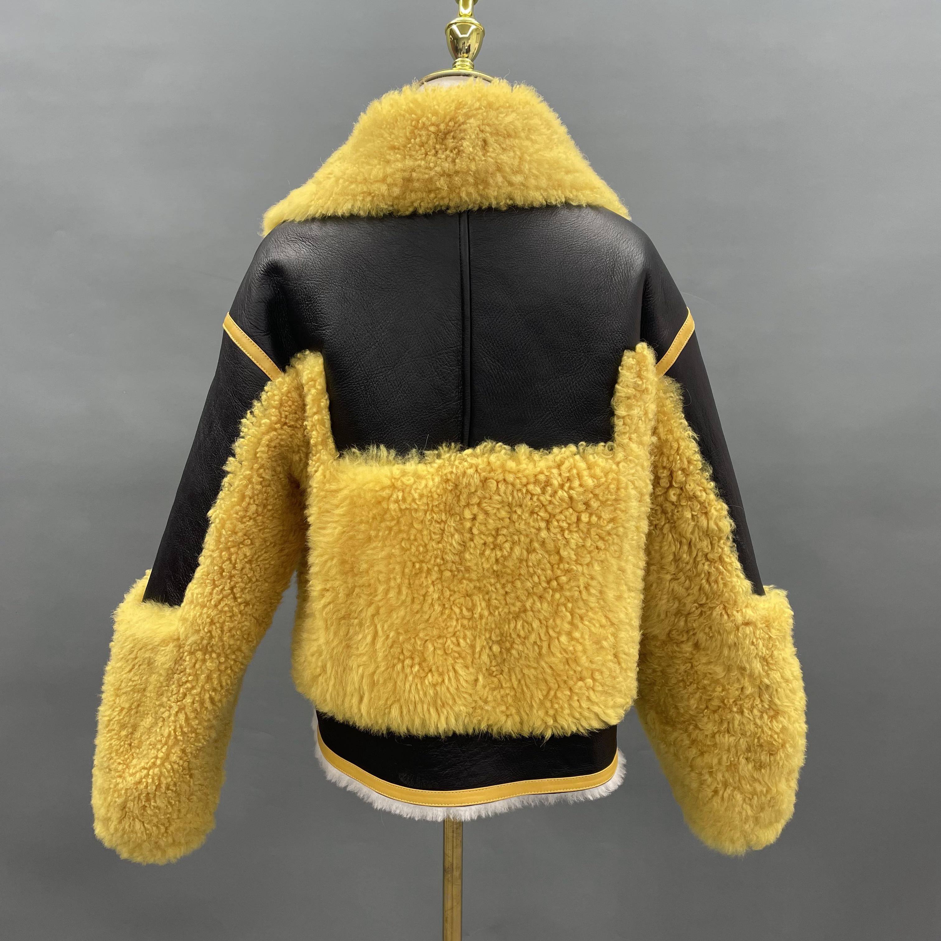 Women's Short Shearling Jacket with Bazaar-Style Notched Lapel, Black & Yellow Contrast & Zipper Front - Edgy Winter Outerwear