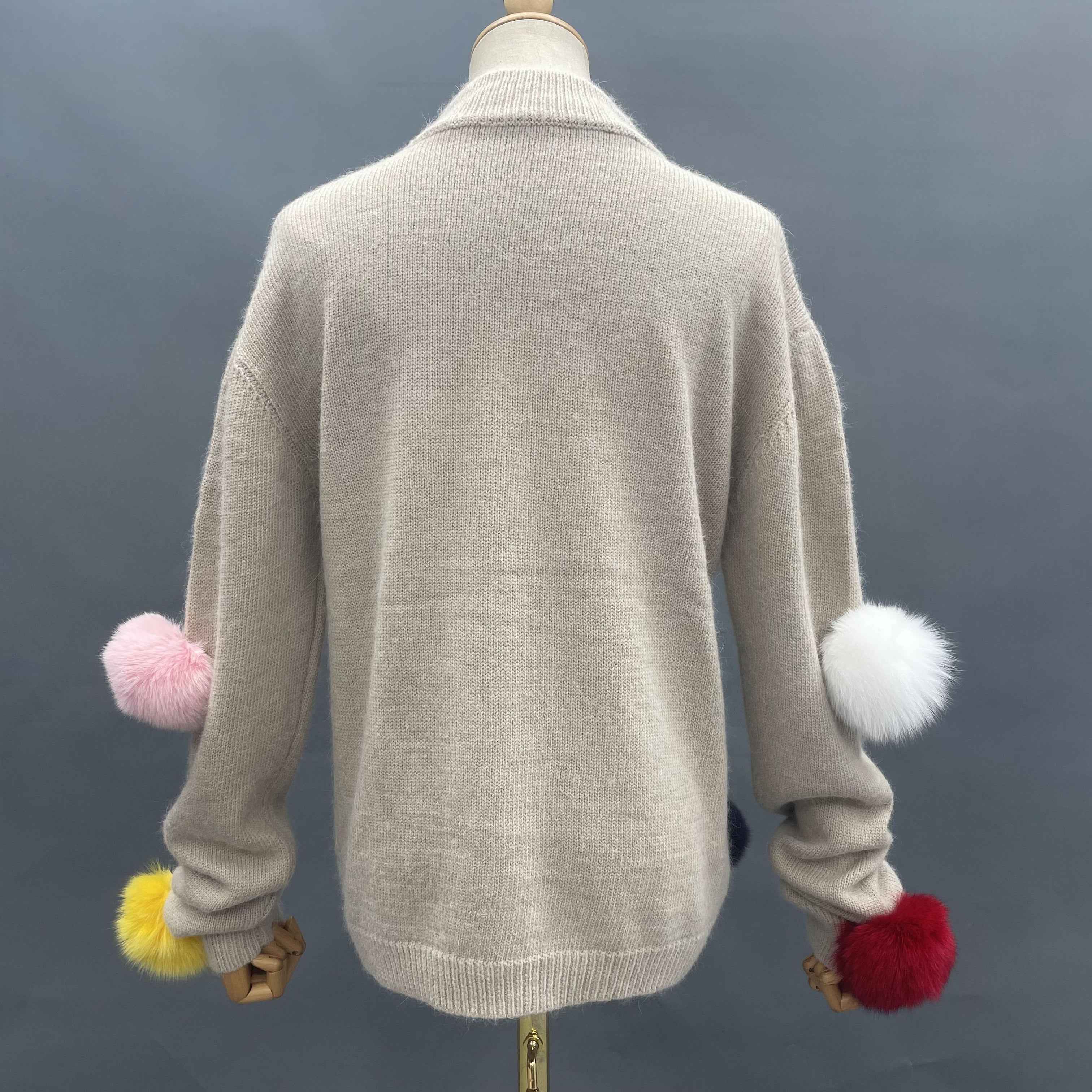 Women's Detachable Colorful Fur Pom-Pom Knitted Sweater - Versatile Casual Fashion Piece