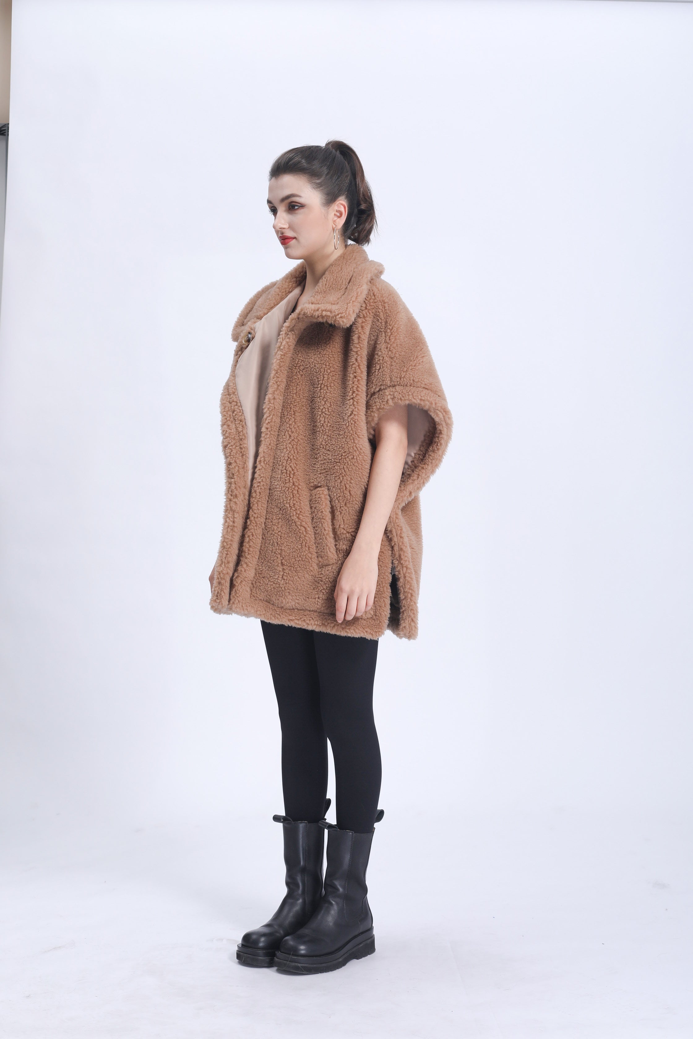 Women's Tan Teddy Fleece Poncho Coat with Notched Lapel & Pocket - Chic Winter Outerwear