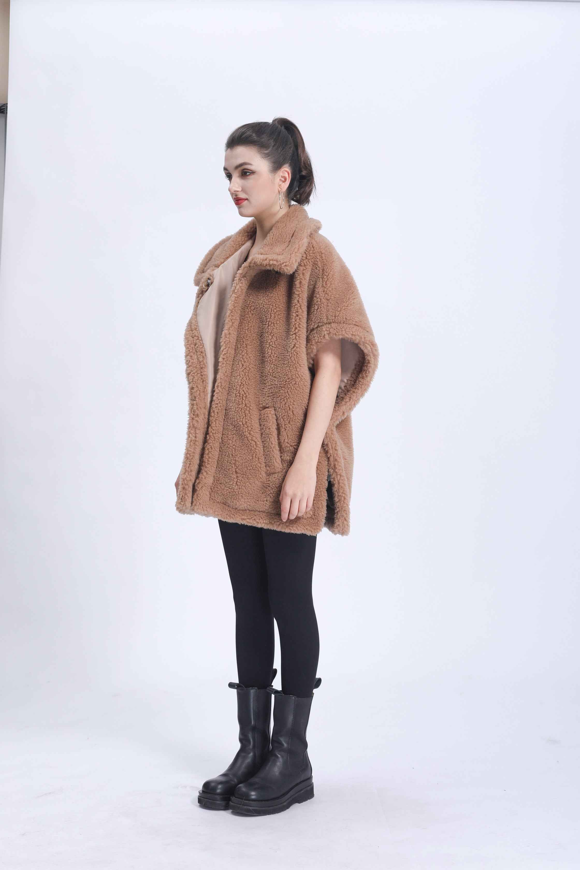 Women's Tan Teddy Fleece Poncho Coat with Notched Lapel & Pocket - Chic Winter Outerwear