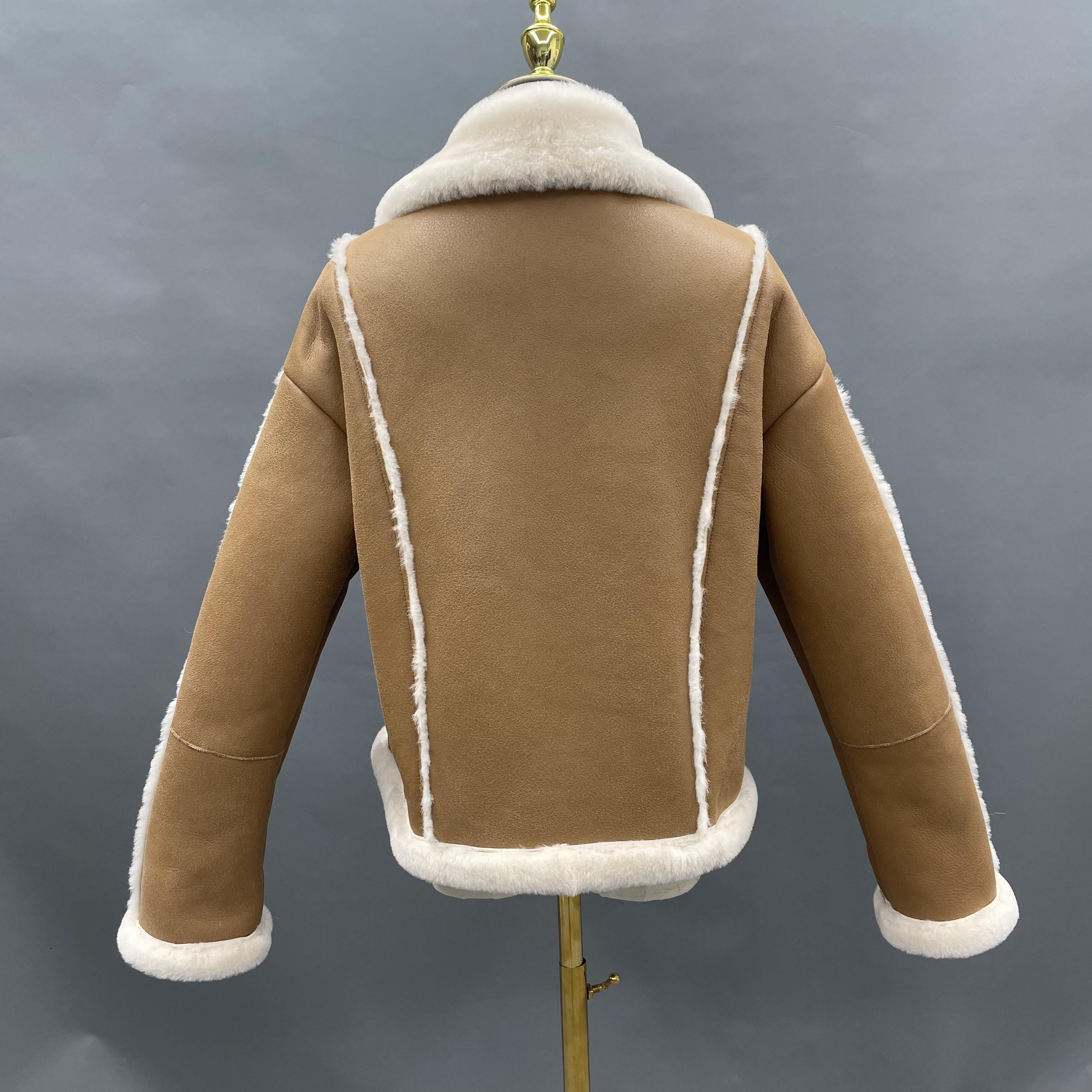 Women's Short Camel Shearling Jacket with Lamb Fur Trim, Double-Breasted Design - Warm Winter Outerwear