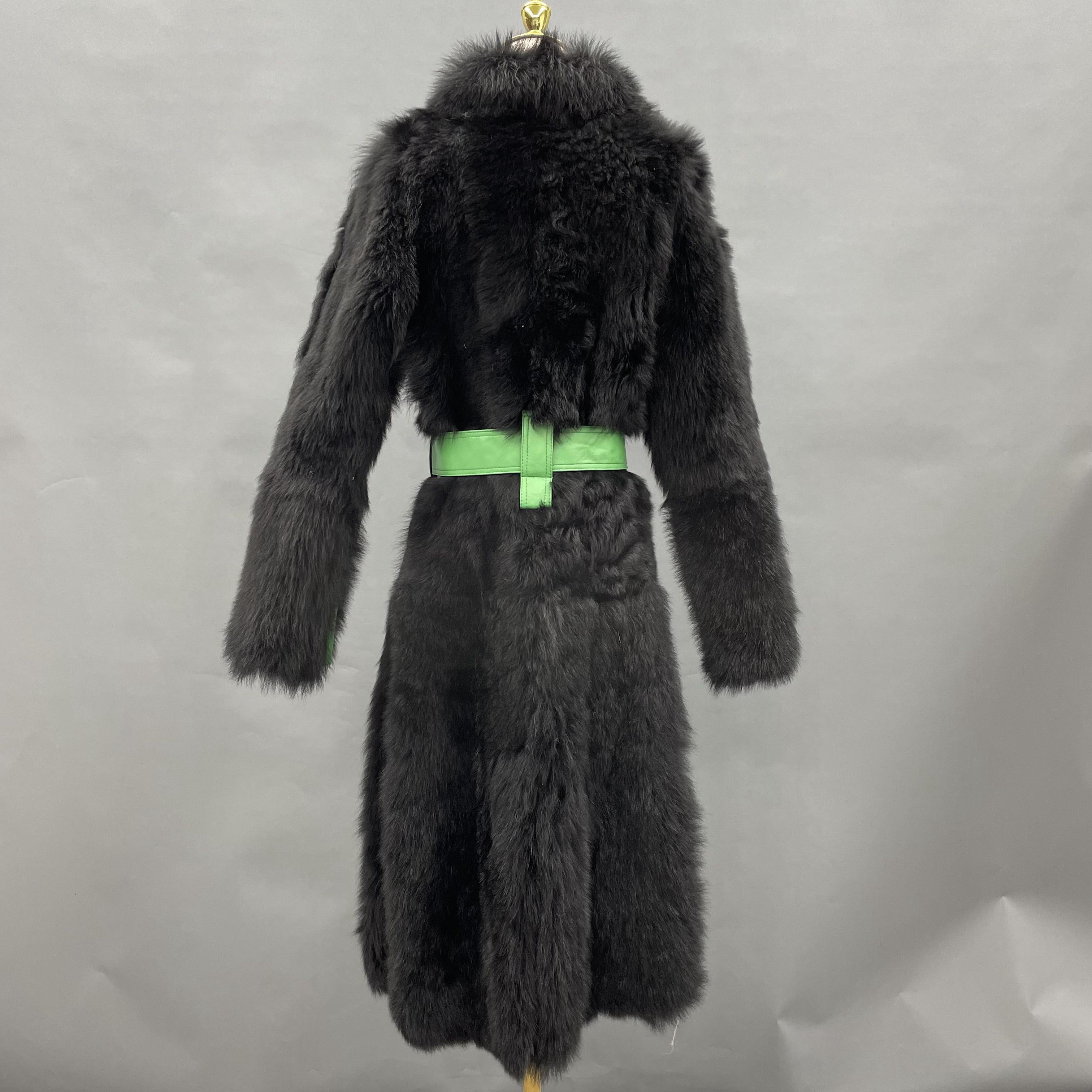 Women's Black Shearling Long Coat with Lime Green Leather Accents & Belted Waist - Luxe Winter Outerwear