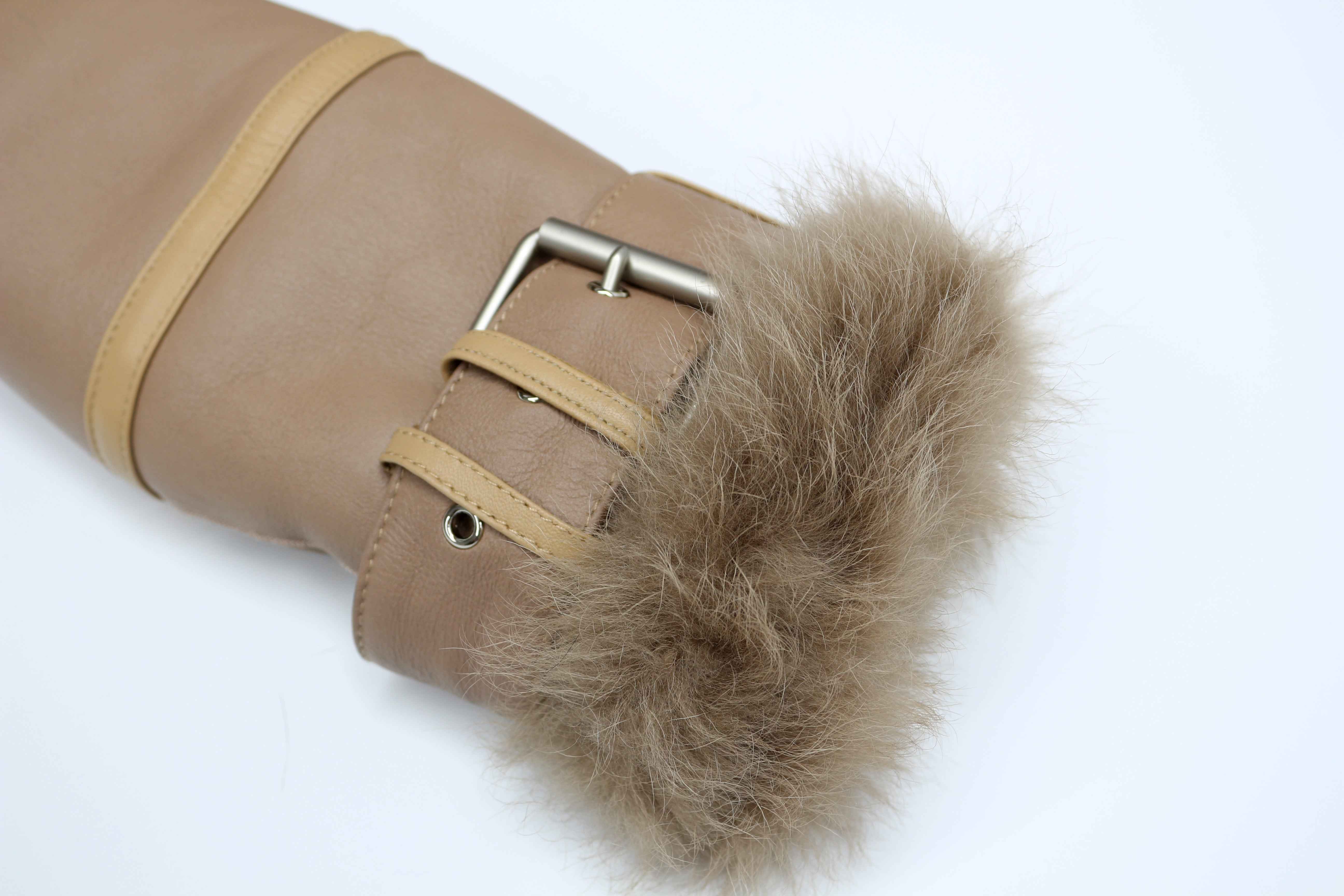 Women's Shearling Leather Jacket with Fox Fur Collar, Leather Buckle Detail at Hem & Cuffs - Luxe Winter Outerwear