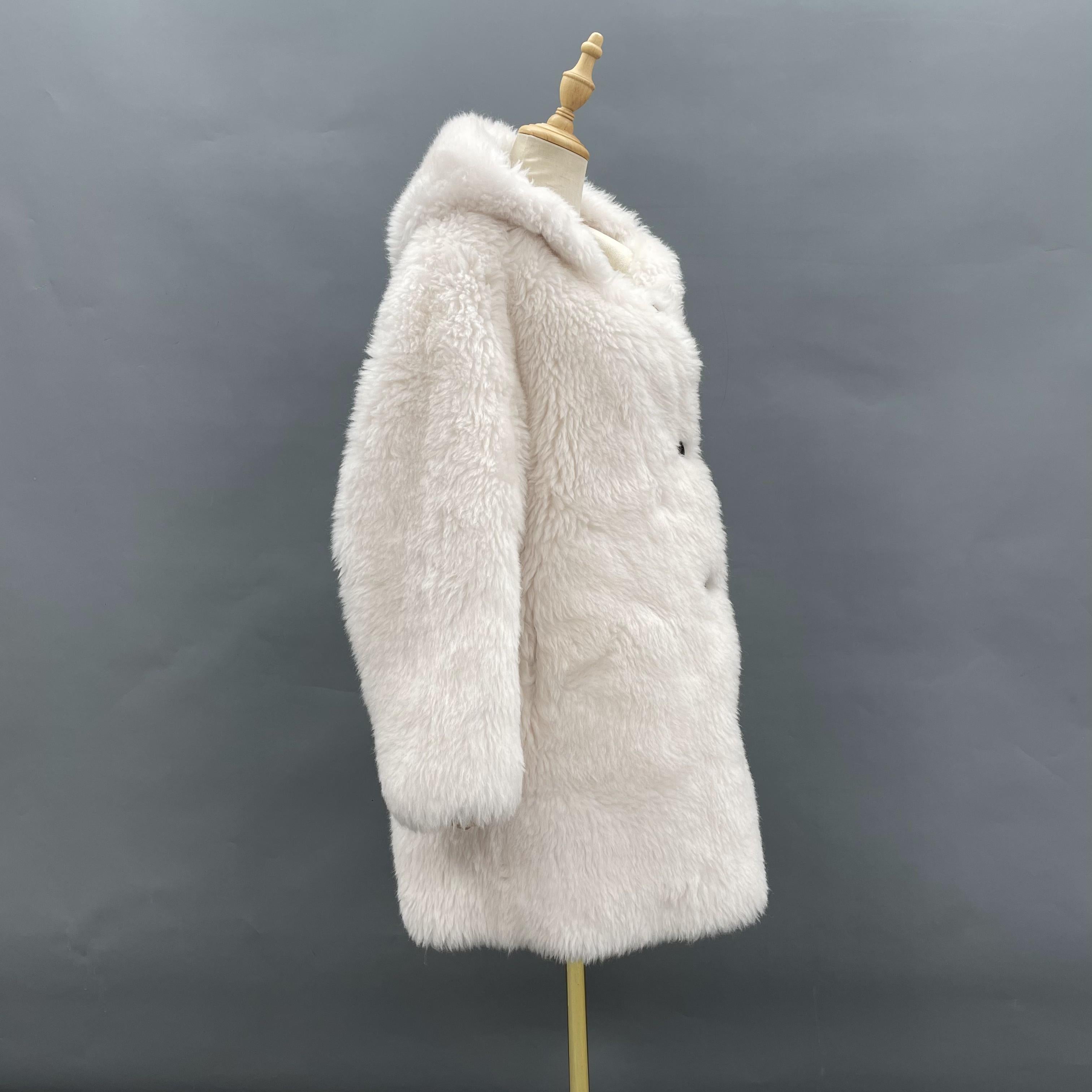 Women's White Hooded Long Sheepskin Shearling Coat - Casual Winter Outerwear