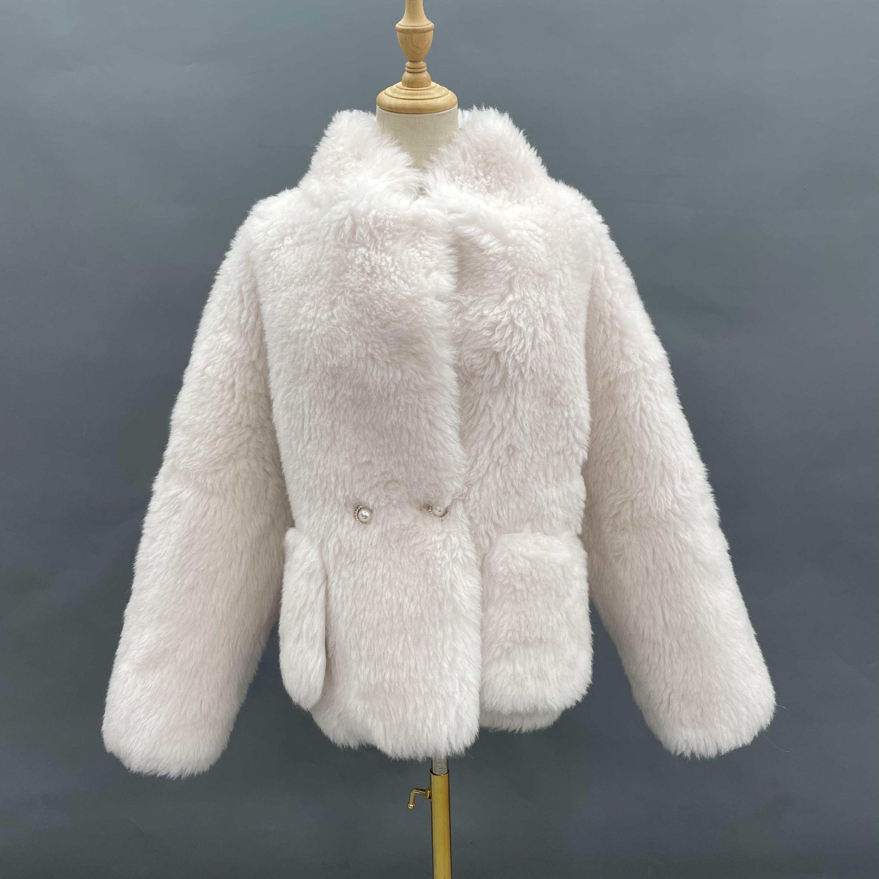 Women's White Sheepskin Shearling Jacket with Pearl Buttons & Stand Collar - Luxe Winter Outerwear