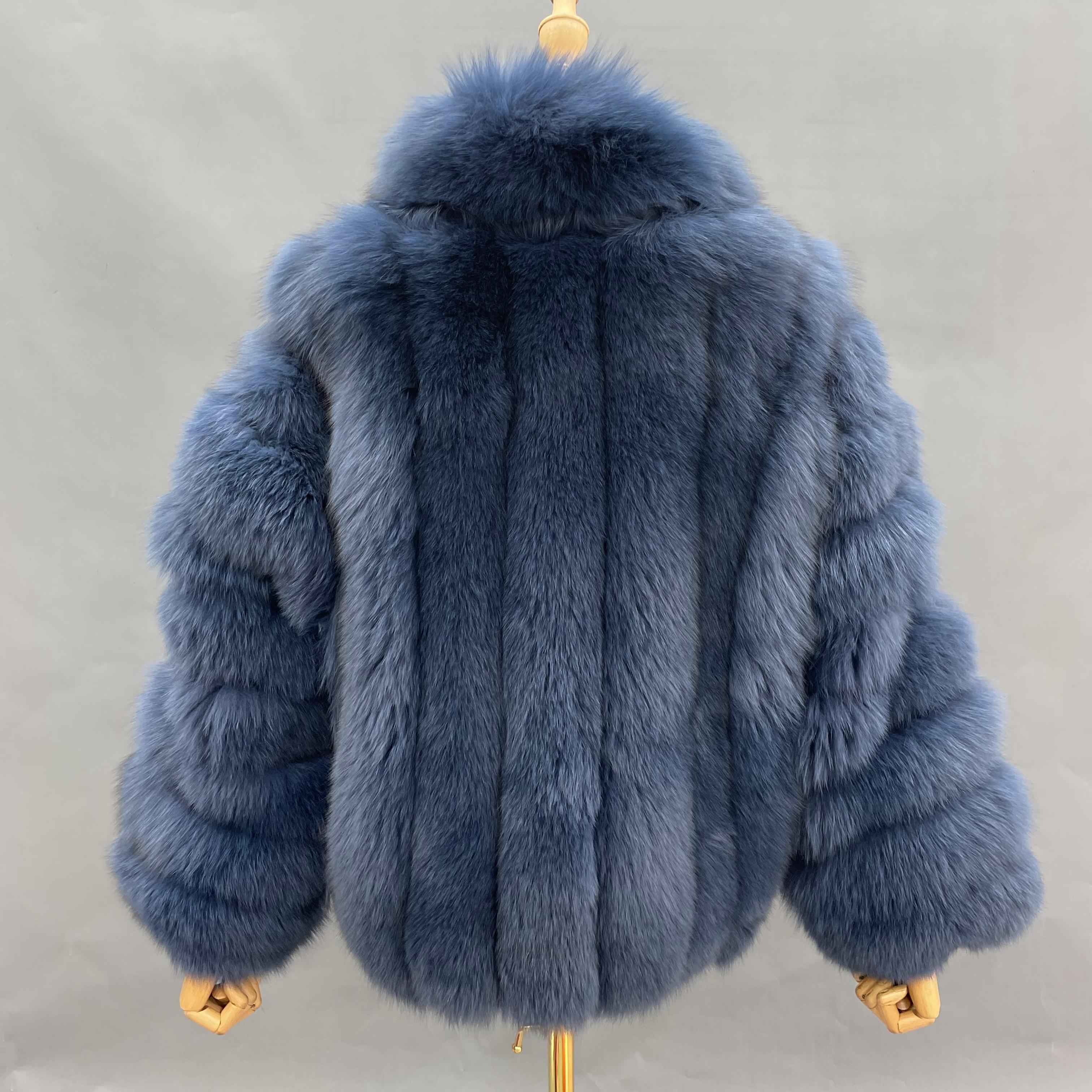 Women's Premium Plush Fox Fur Jacket - Notched Lapel with Vertical Stripe Design Winter Statement Outerwear