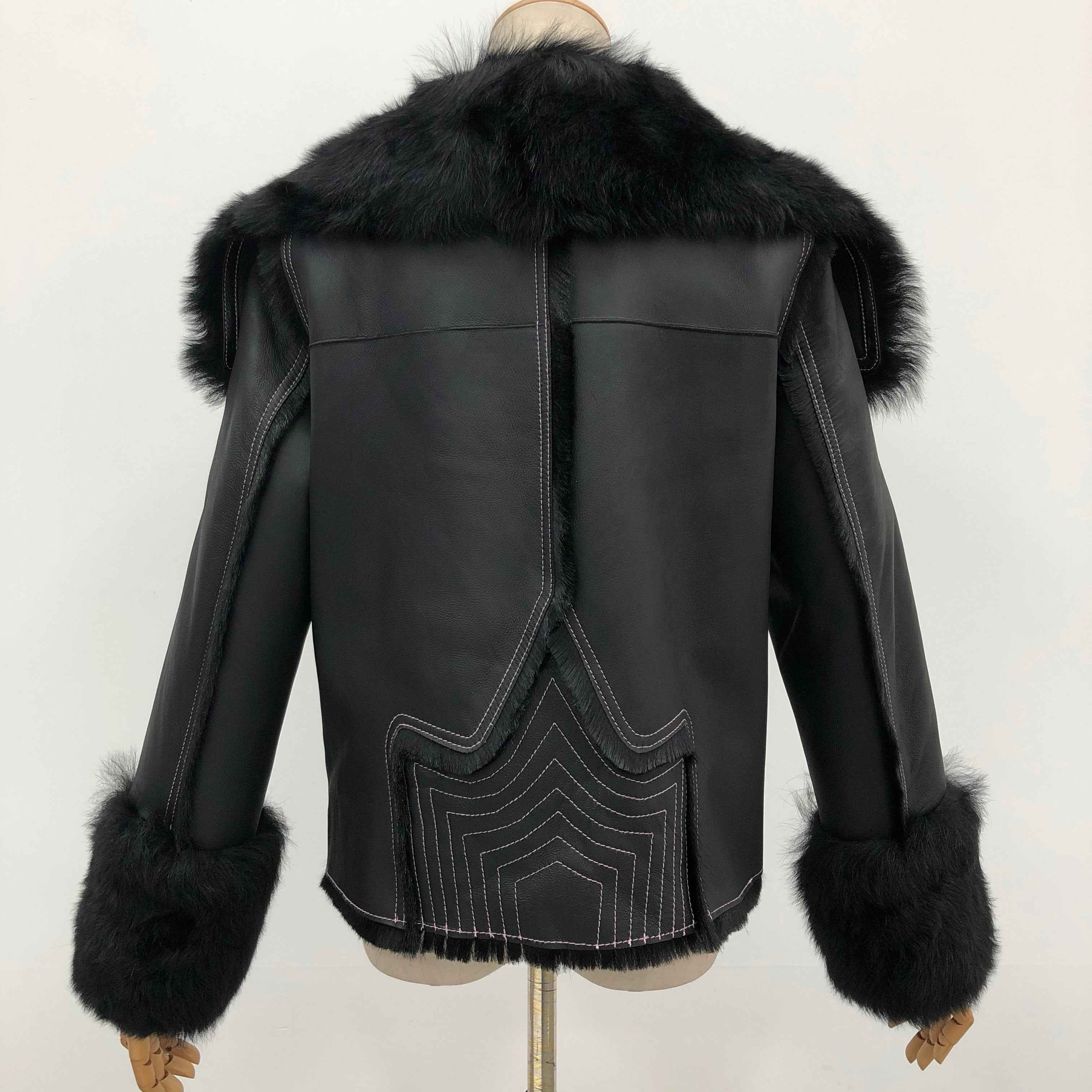 Women's Toscana Shearling Jacket with Oversized Notched Lapel, Contrast-Colored Buttons, Fur-Trimmed Cuffs & Belted Waist - Luxe Winter Outerwear