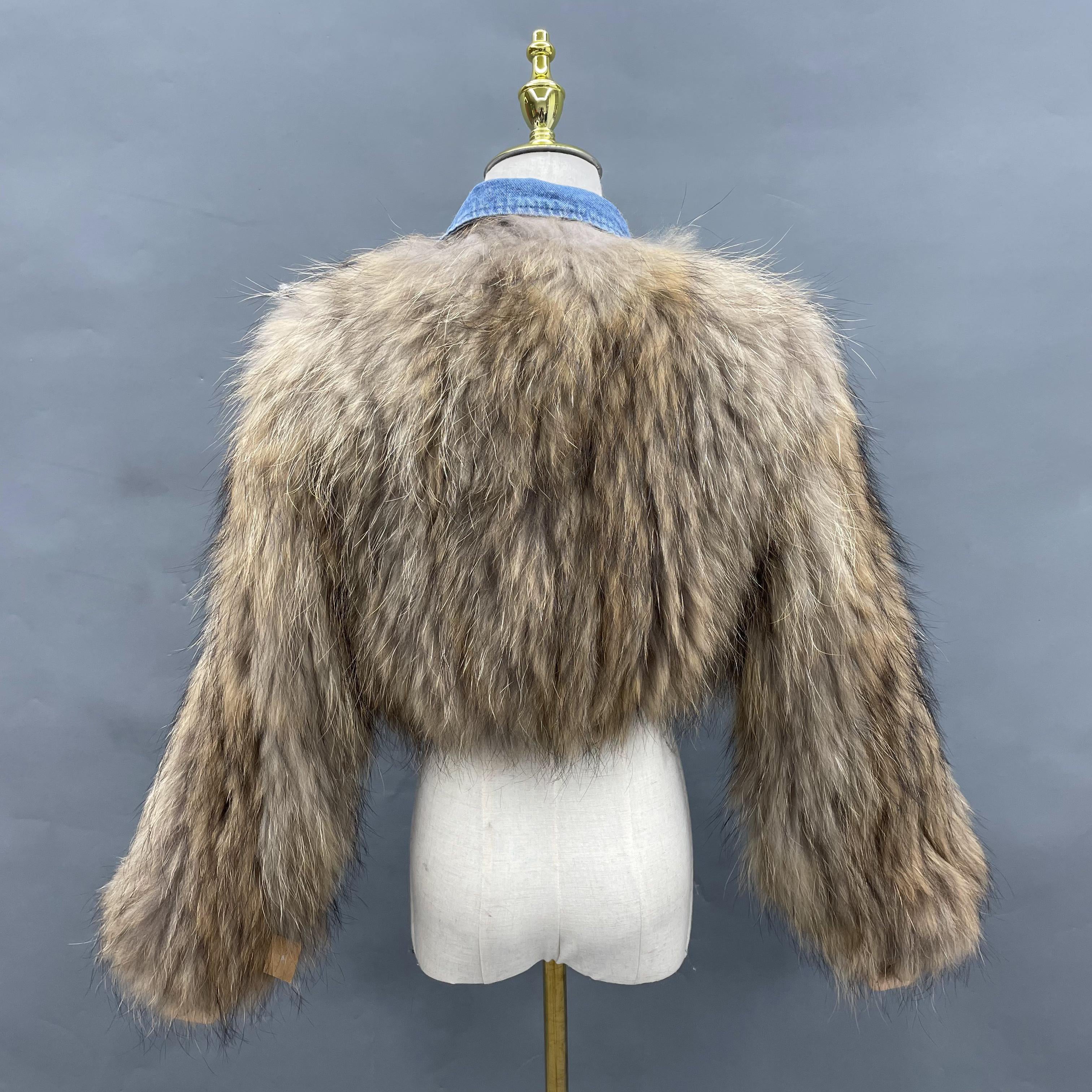 Women's Luxurious Knitted Raccoon Dog Fur Cropped Jacket with Denim Collar & Details - Edgy Winter Outerwear